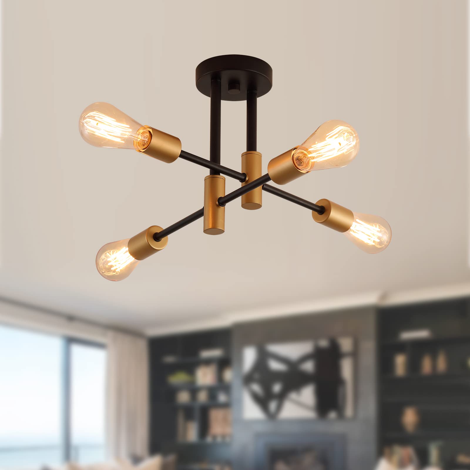 Gold Modern Sputnik Chandelier Ceiling Light Fixtures,6-Lights Industrial Metal Semi Flush Mount Ceiling Light for Bedroom Dining Room Living Room Kitchen Hallway UL Listed