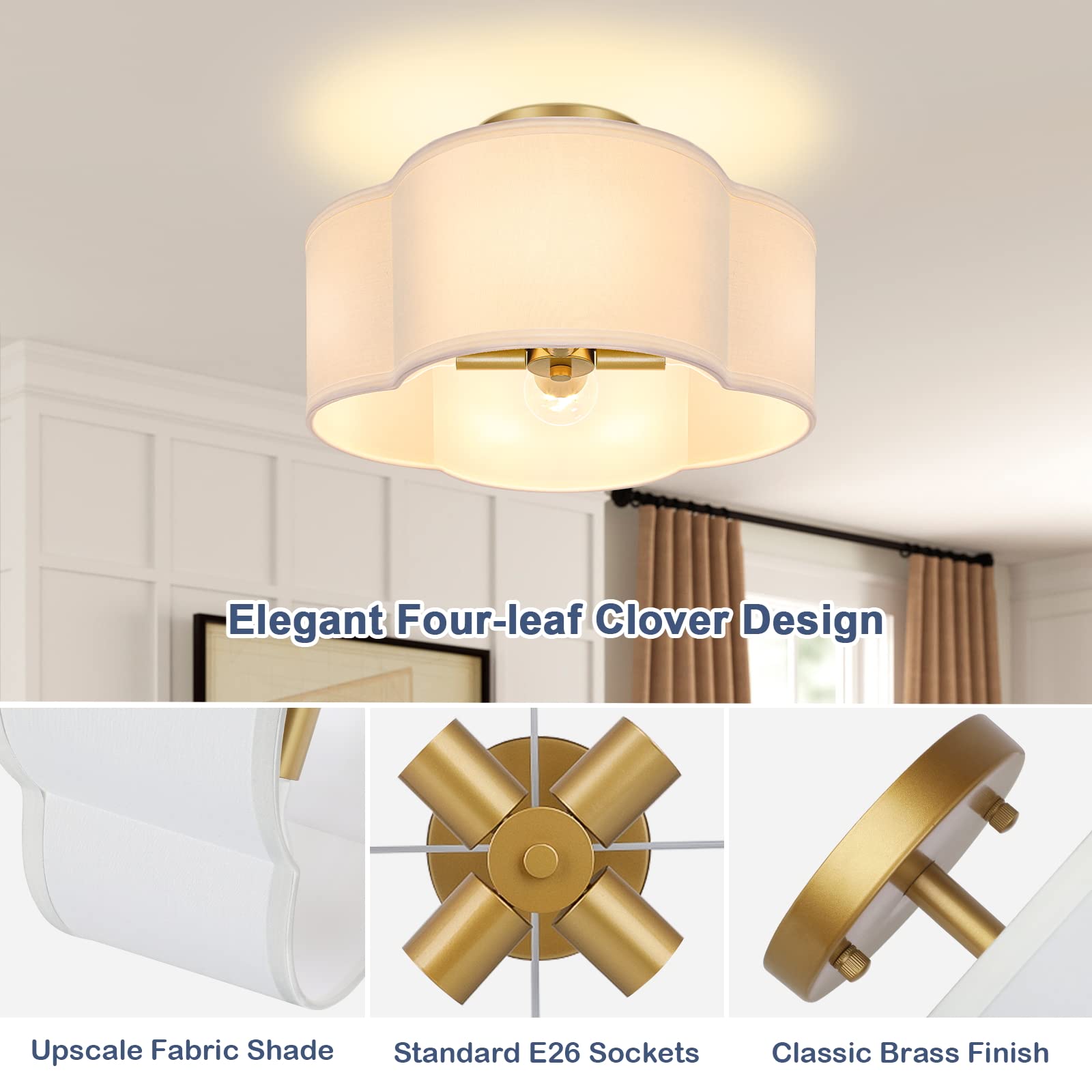 4-Light Semi Flush Mount Ceiling Light Fixture, Gold Modern Close to Ceiling Lamp with White Fabric Shade, Farmhouse Bright Lighting Brass Finish for Nursery Kids Room Bedroom Kitchen Hallway Entryway