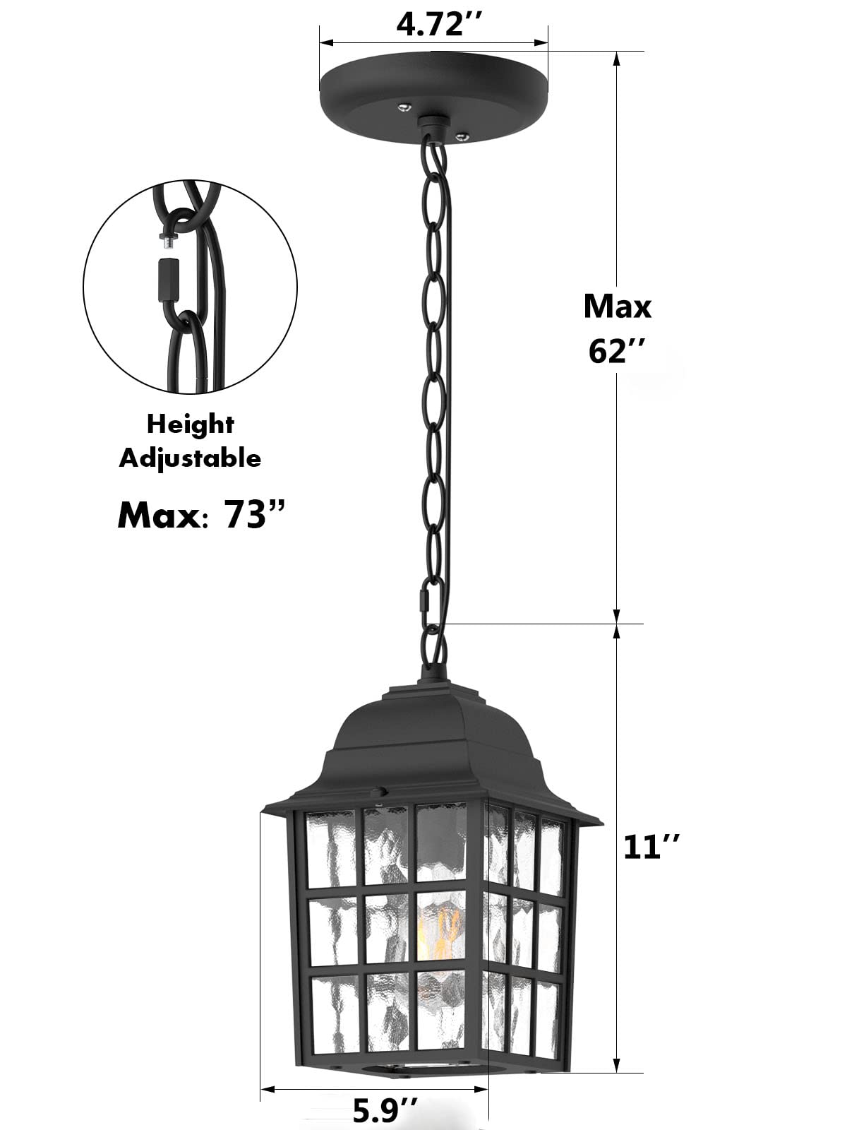 Outdoor Pendant Light, Exterior Ceiling Hanging Lantern Porch Light with Water Glass, Outdoor Hanging Lantern Light Black Exterior Pendant Lighting Fixture for Porch, Yard, Gazebo