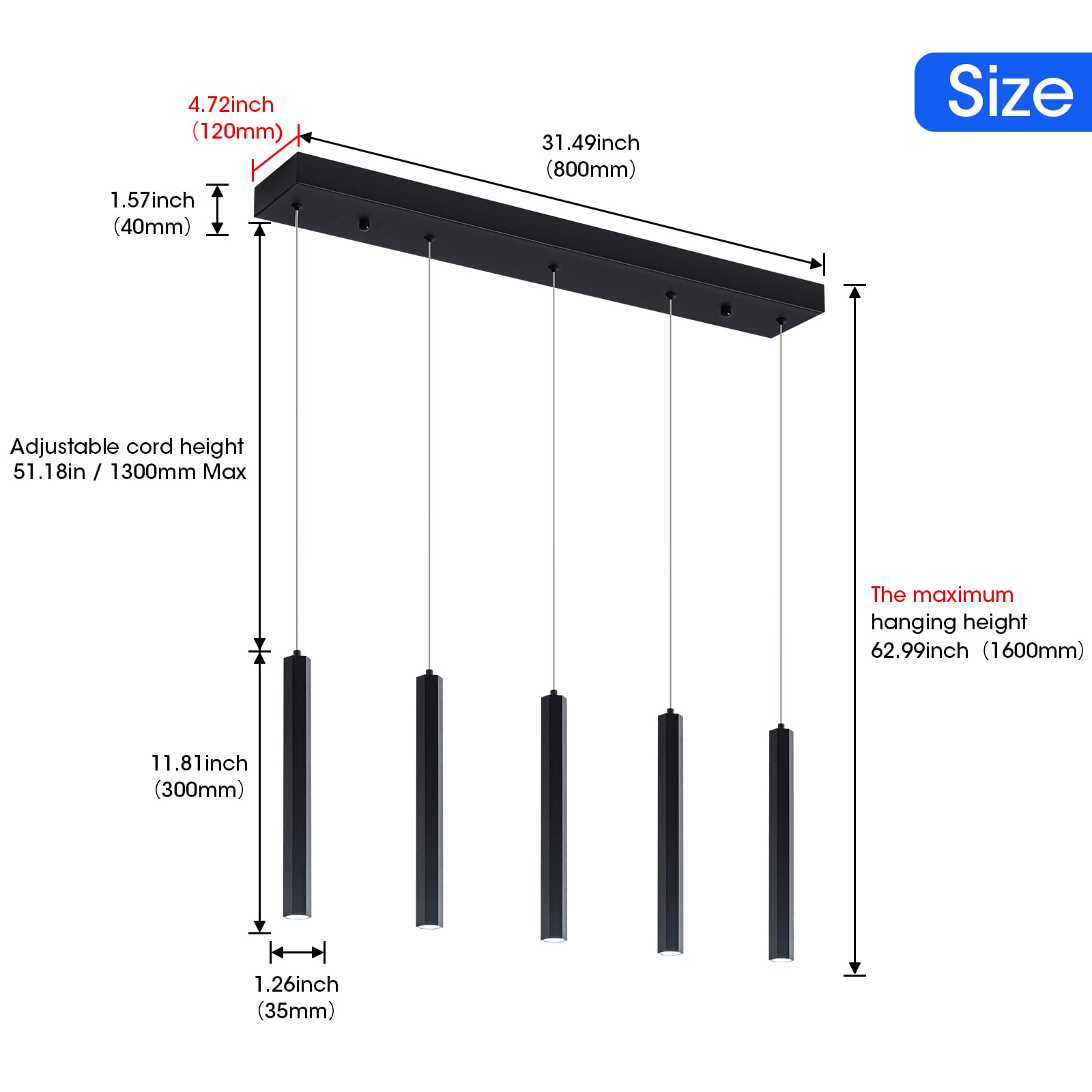 Modern Pendant Lighting 5-Light Linear Chandeliers Dimmable LED Pendant Lights Kitchen Island Lighting with Matte Black Finish and Acrylic Shades for Kitchen Island and Dining Room…