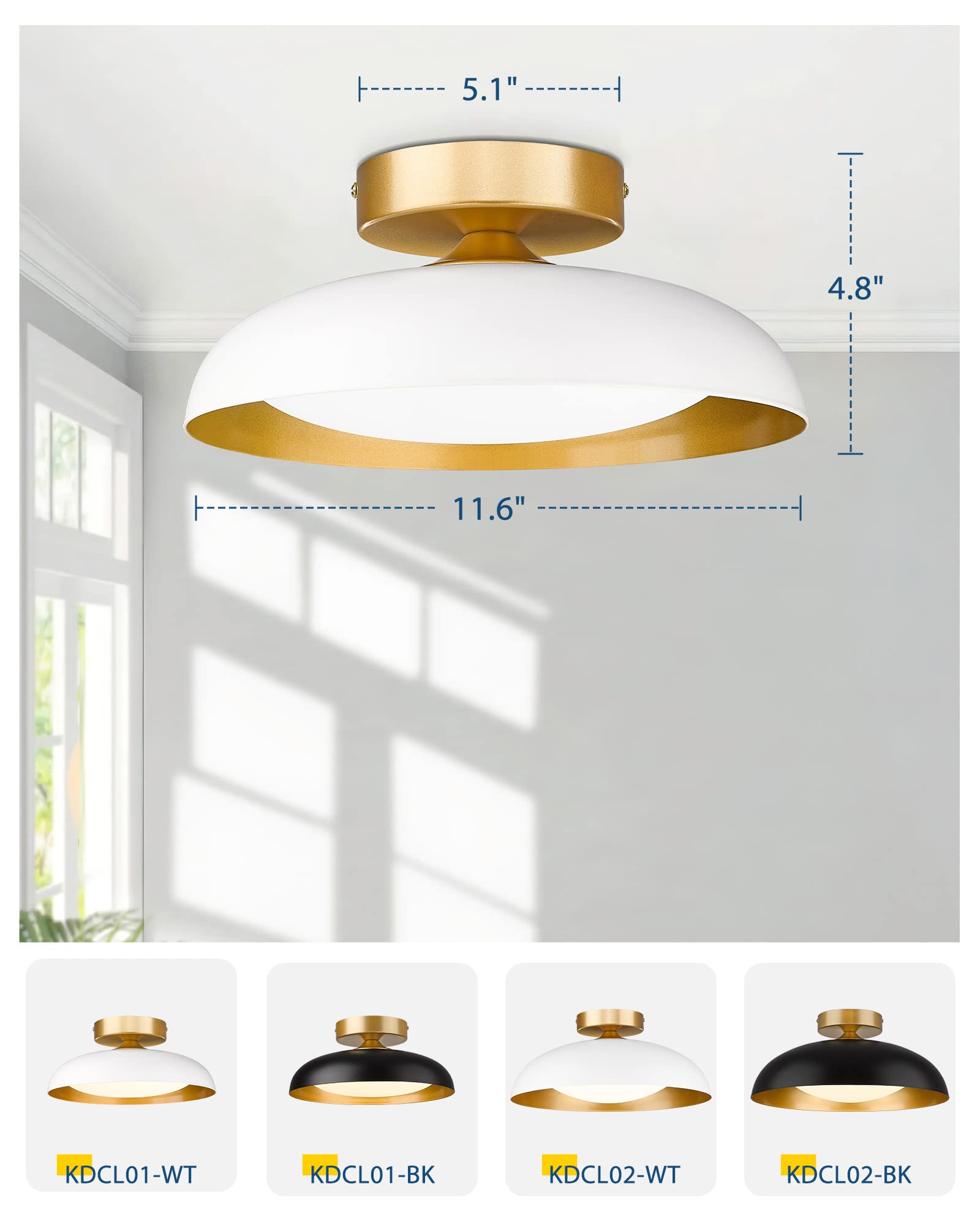 Gold Ceiling Light, 12 Inch LED Semi Flush Mount Ceiling Light Fixture, 12W/700Lm Ceiling Lights for Kitchen, Bathroom, Hallway, 3000K/4000K/6000K Adjustable, KDCL01-GD