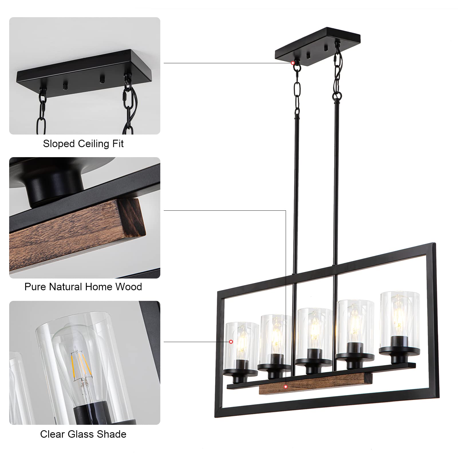 Dining Room Light Fixture Over Table, 5-Light Linear Farmhouse Chandelier Pendant Lighting for Kitchen Island Dining Room with Glass Shade, Black Metal and Wood Finish