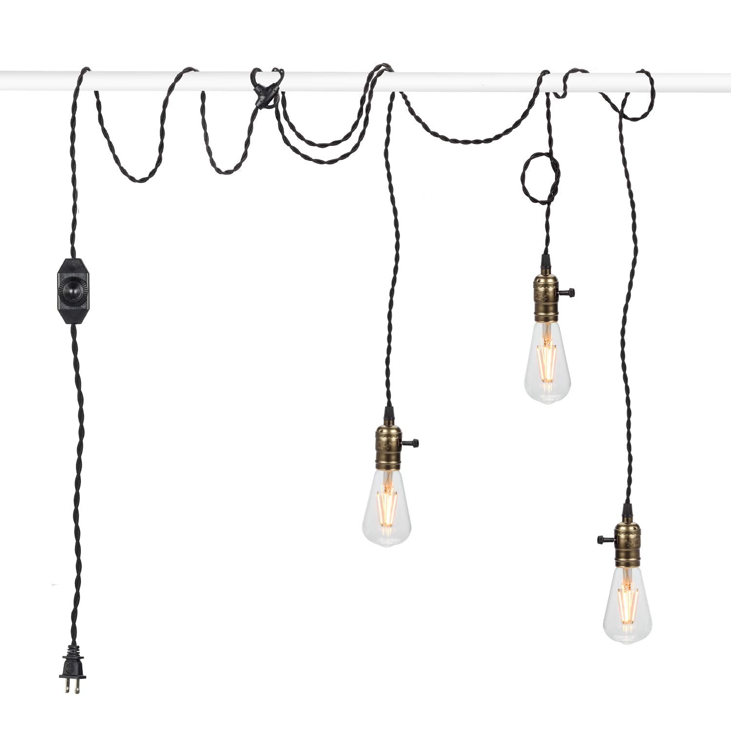 Vintage Pendant Light Kit Cord with Dimming Switch and Triple E26/E27 Industrial Light Socket Lamp Holder 25FT Twisted Black Cloth Bulb Cord Plug in Hanging Light Fixture