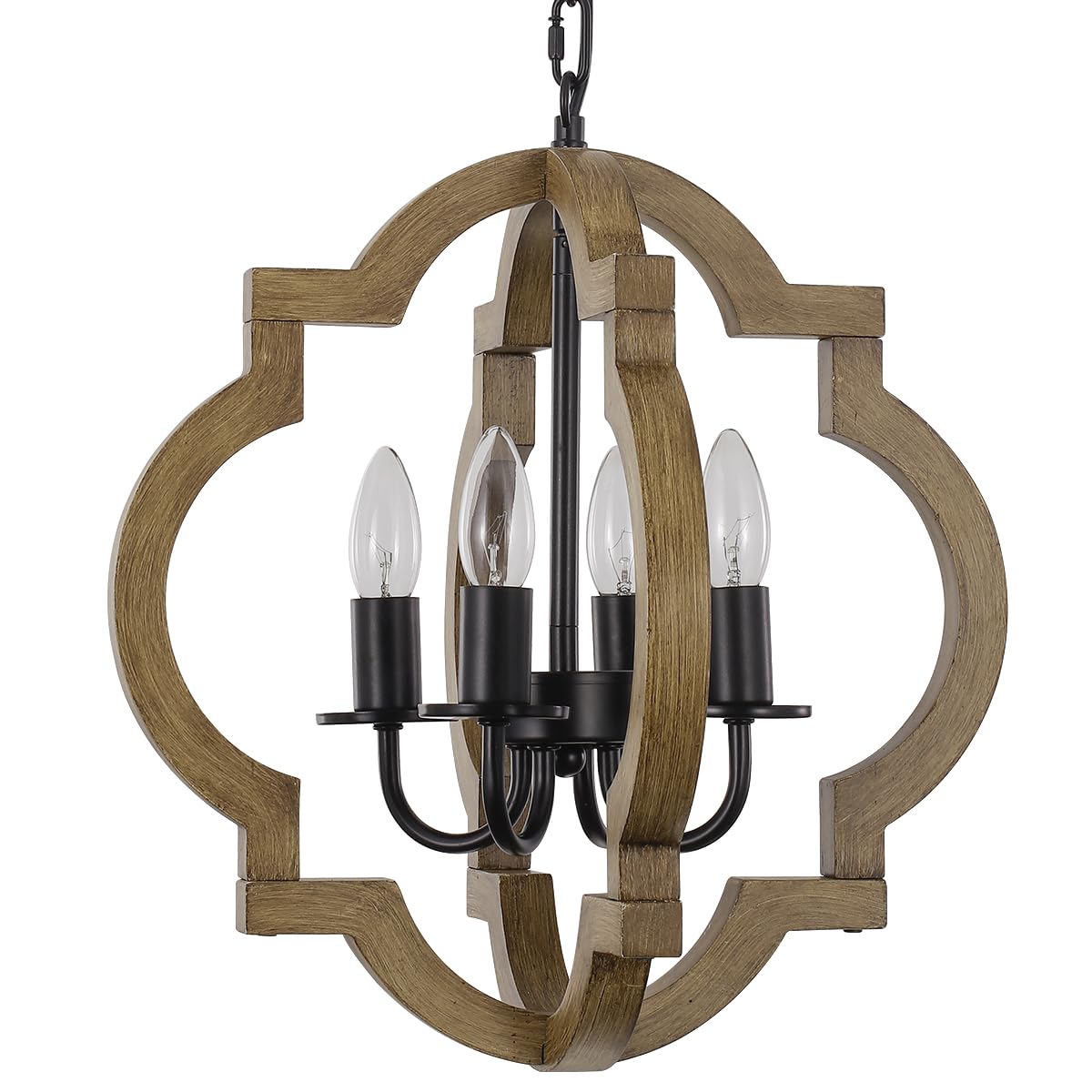 Farmhouse Orb Chandelier, Rustic Wood Chandelier for Dining Room, 4-Light Pendant Light for Kitchen Island Hallway Foyer Entryway Bedroom, Adjustable Height