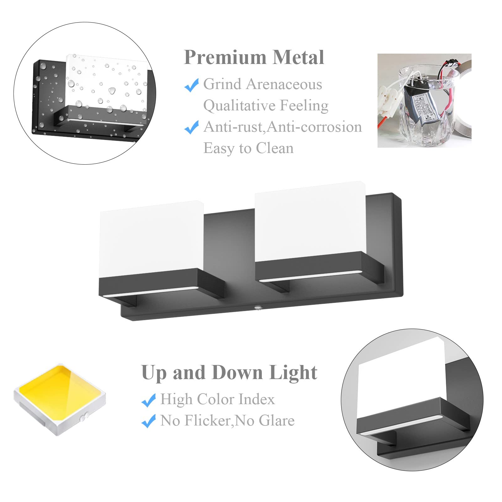 Black LED Vanity Lighting Fixture Modern 3 Lights Vanity Lights for Bathroom Black Bathroom Wall Light Fixtures 6000K