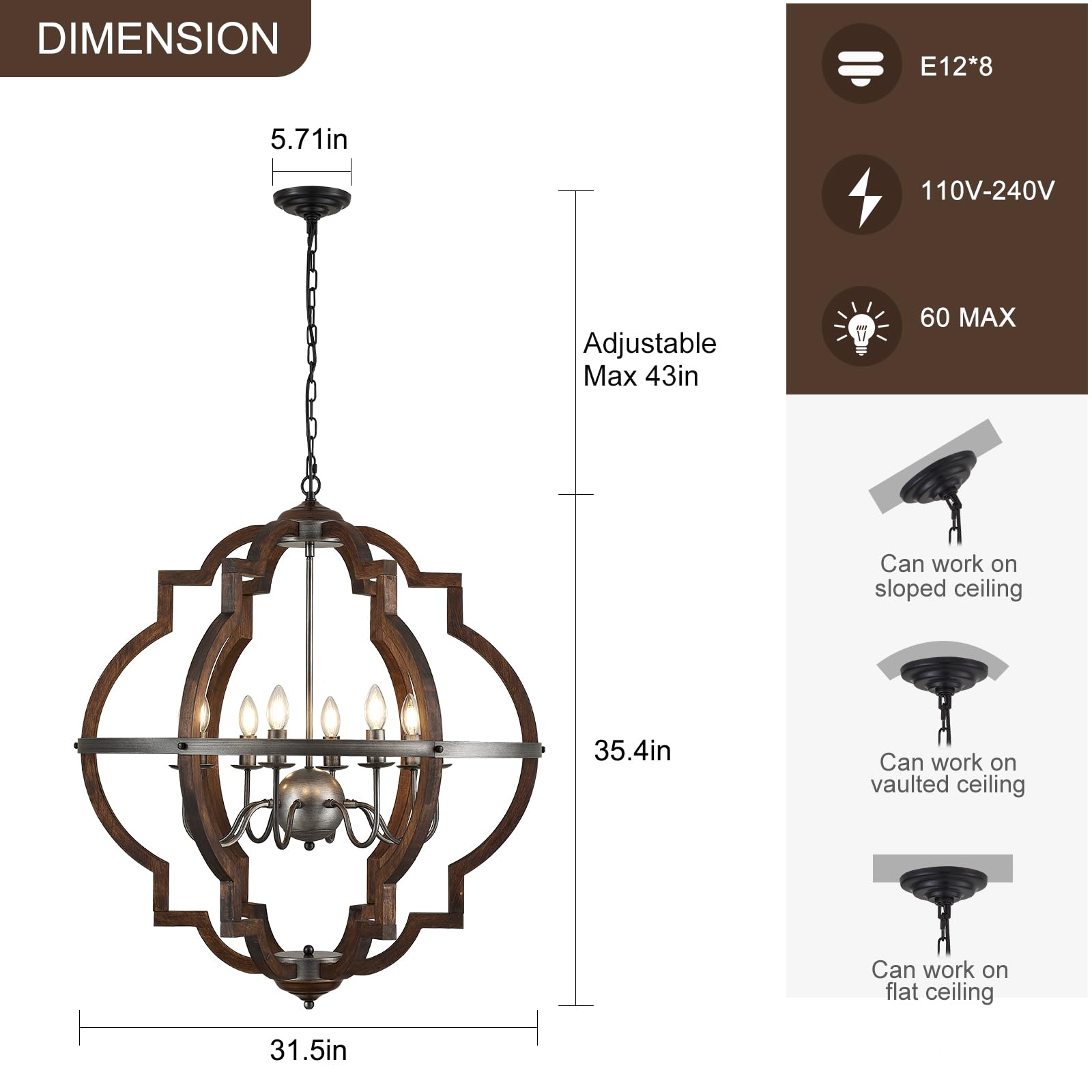 Wood Chandelier Light Fixture Antique Farmhouse 23.6" Caged Candle Style Ord Chandelier Industrial Rustic 6-Lights Wooden Chandelier for Dining Room, Kitchen, Living Room, Bedroom, E12