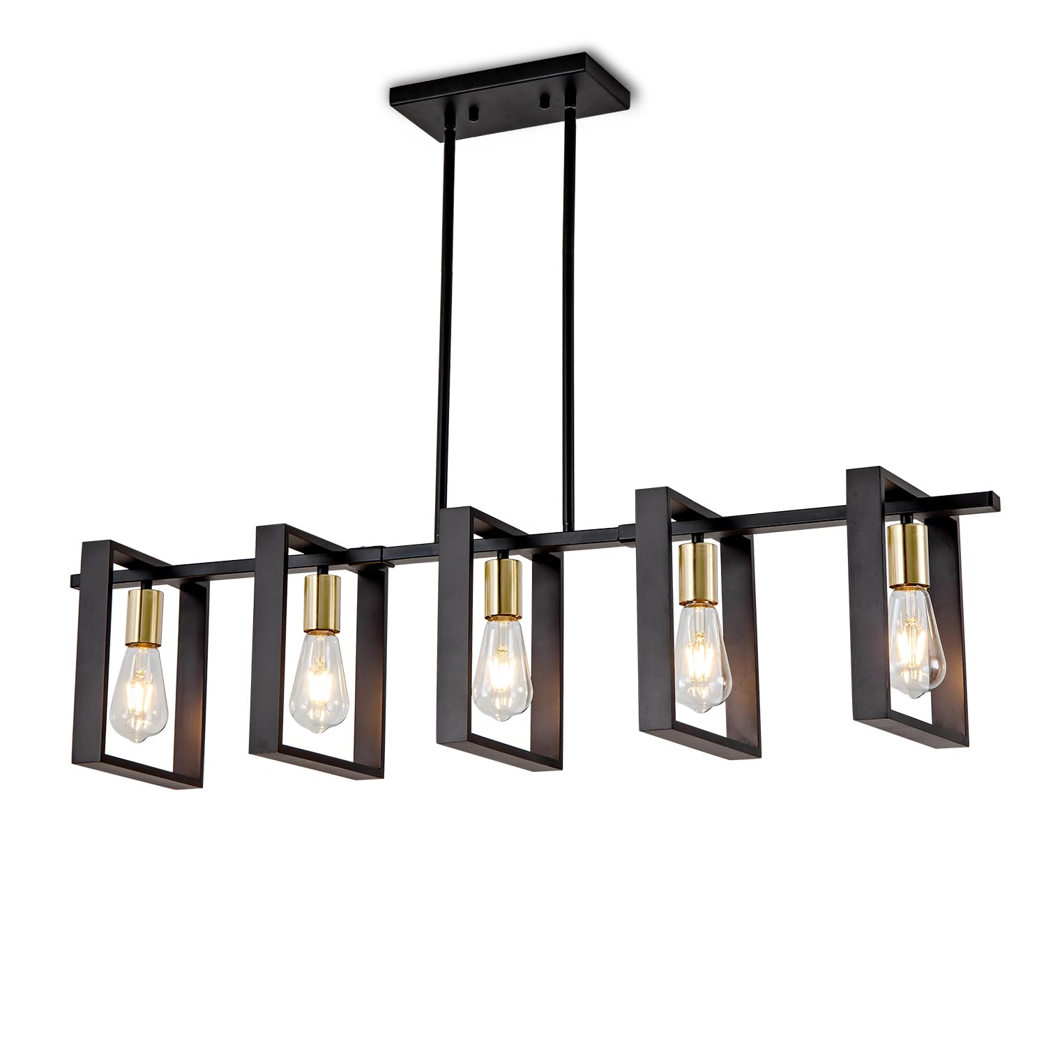 Farmhouse Kitchen Island Lighting Black Chandeliers for Dining Room Wooden Island Lights,Industrial Rectangle Light Fixtures Ceiling Hanging (4 Lights)