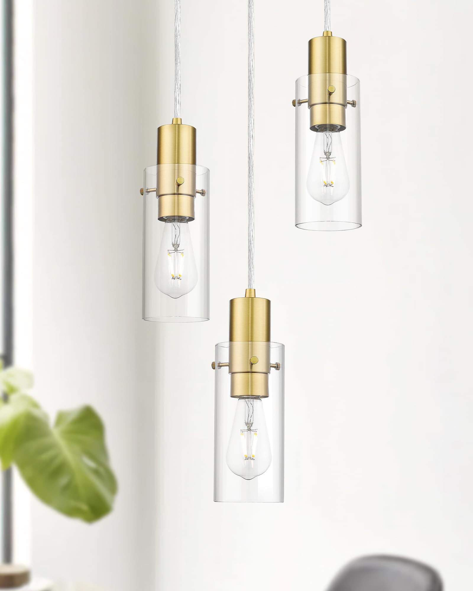 Emak Gold Pendant Light Fixtures, 3-Light Pendant Lights with Clear Glass Shade, Modern Farmhouse Hanging Lights for Kitchen Island, Dining Room, Bathroom, Bedroom, PL120-GD-CL