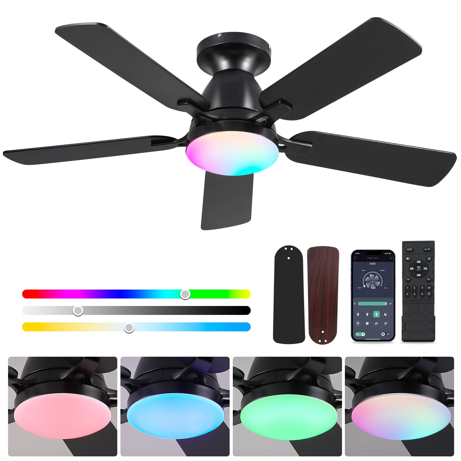 Ceiling Fans with Lights- 46"Low Profile Indoor Ceiling Fan with Light and Remote/APP Control, Flush Mount, LED Dimmable DC Reversible Modern Ceiling Fan for Bedroom（Black）