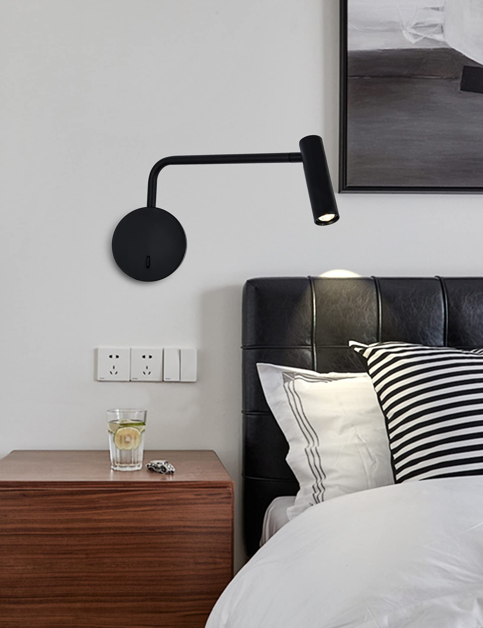 Wall Mounted Reading Light for Bedroom LED Hardwired Sconce with Switch on/Off Modern 3000K Swing Arm Bedside Wall Mount Lamp (Black)