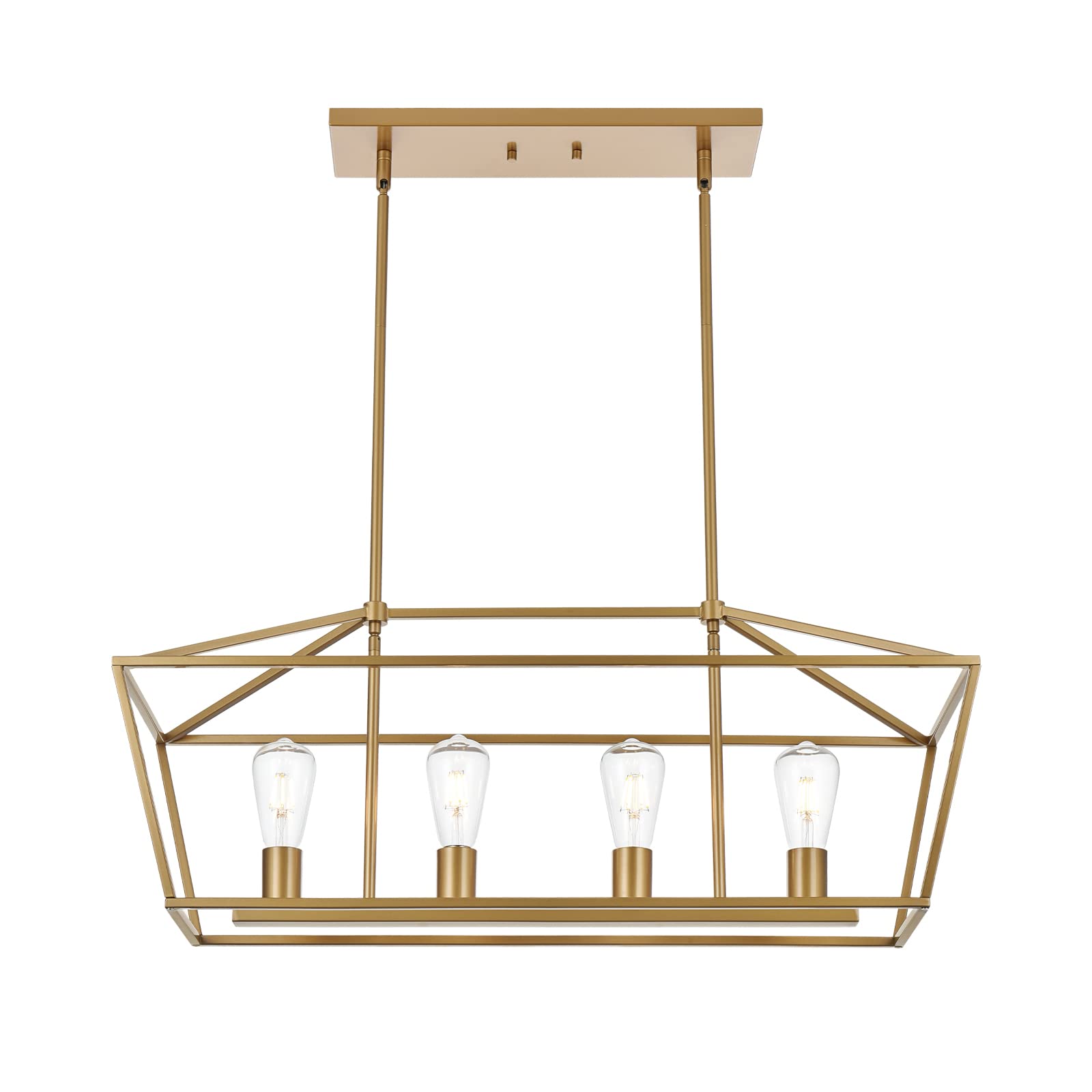 Modern 4 Light Farmhouse Chandelier Gold Linear Kitchen Island Pendant Light Traditional Rectangular Dining Room Lighting Fixture Hanging Metal Cage Pendant Lamp for Hallway Foyer