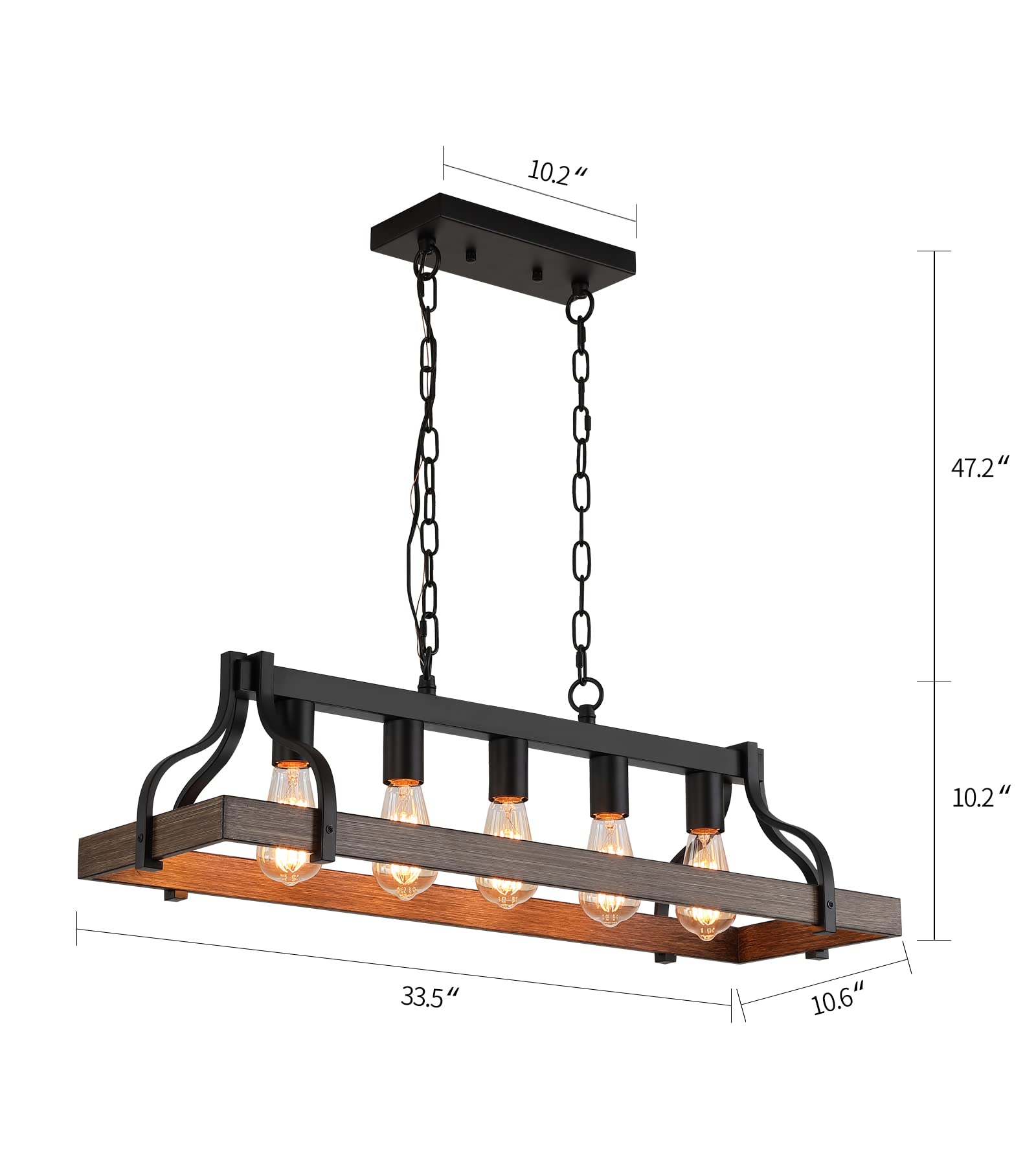 Rustic Kitchen Island Dining Room Light Fixture Farmhouse Linear Chandelier Black and Retro Wood Finish 5-Light Industrial Metal Hanging Pendant Light UL Listed L33.5 W10.6