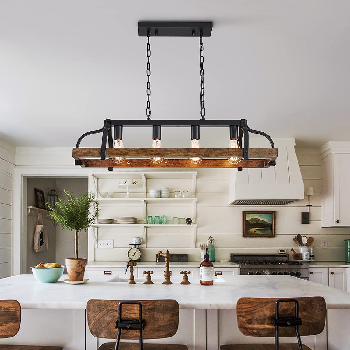 WUZUPS 5-Light Metal Chandelier Imitation Wood Grain Linear Pendant Ceiling Lighting Rustic Farmhouse Fixture Kitchen Island Dining Room, H 8.5" L 31.5" W10, E26 Base, Black & Antique White