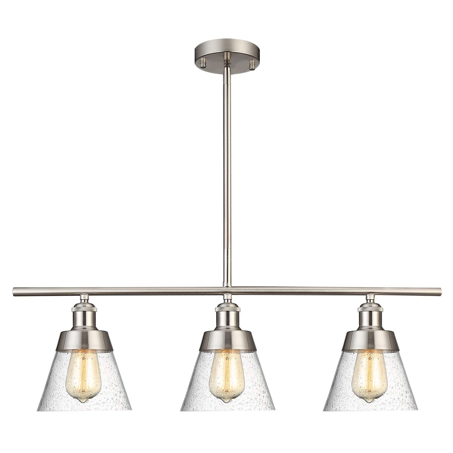 Modern Brushed Nickel Kitchen Island Lighting, Clear Seeded Glass Linear Chandelier, 3 Lights Pendant Light Fixture for Kitchen Island Dining Room