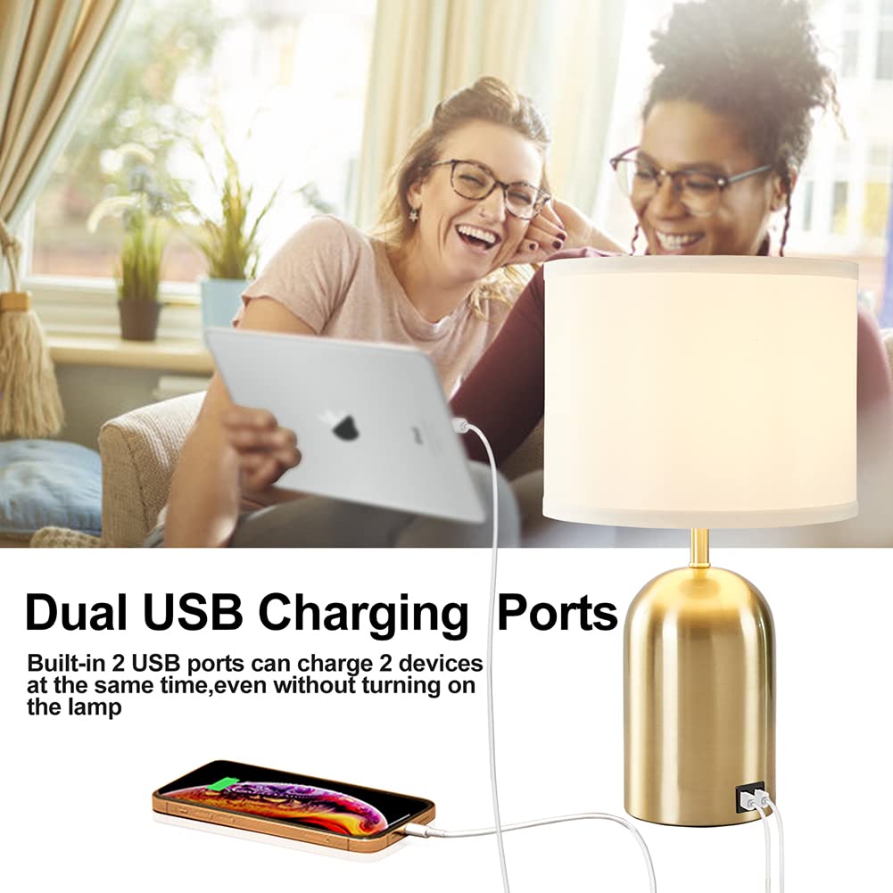 Touch Control Table Lamps Set of 2, Bedside Table Lamps for Bedrooms Set of 2 Modern Living Room 3 Way Dimmable Gold Bedside Lamp for End Table with 2 USB Charging Ports, 2 Bulbs Included