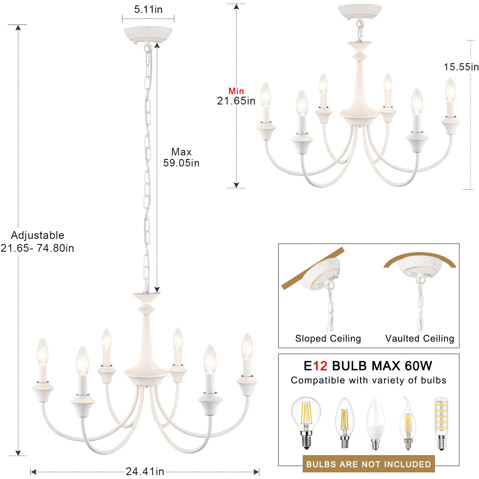 6 Light Distressed French Country Chandelier Rustic Antique White Farmhouse Chandelier for Dining Room Light Fixture Hanging Candle Pendant Lighting for Kitchen Island Living Room Bedroom Foyer