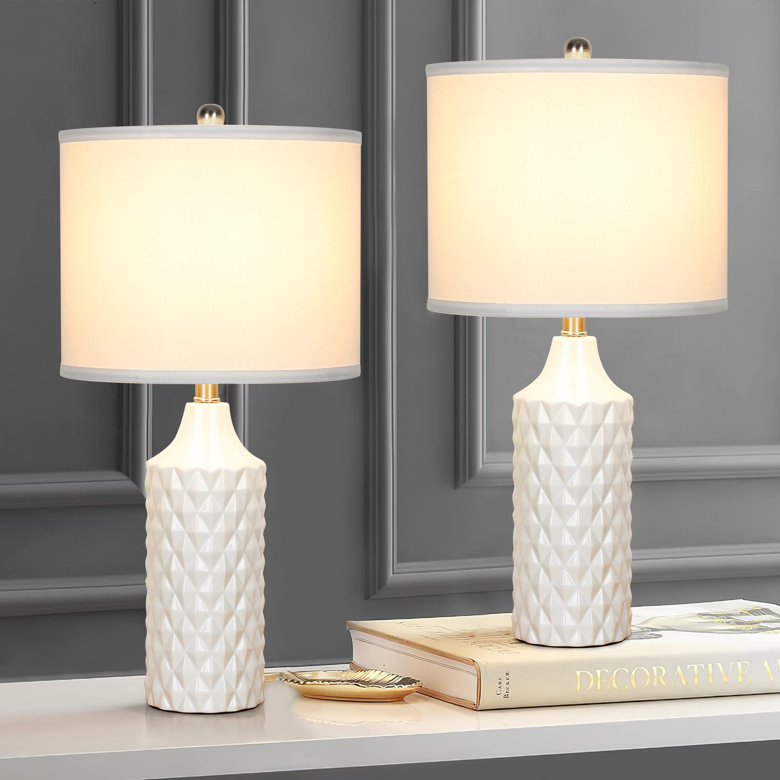 Ceramic Table Lamps Set of 2, White Modern Bedside Lamp 25" Nightstand Lamp 3-Way Dimmable Lamp for Bedroom Living Room End Table Lamp Farmhouse Lamp Side Table Lamp, Bulbs Included