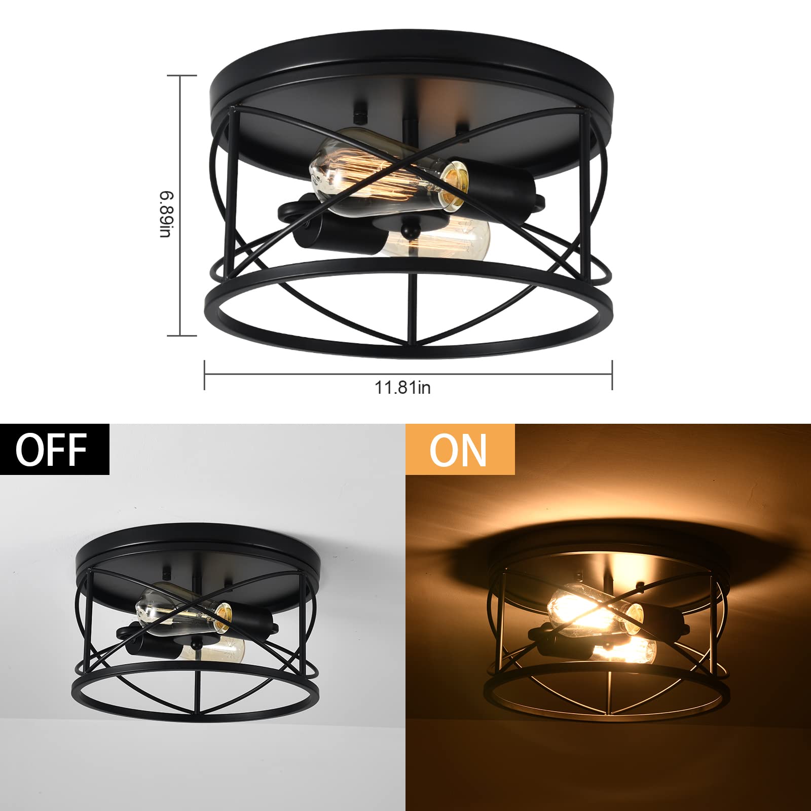 Black Semi Flush Ceiling Light Fixture, 2-Light Farmhouse Flush Mount Light Fixtures, Modern Industrial Metal Cage Pendant Lighting for Hallway, Bedroom, Kitchen, Foyer, Living Room, Dining Room