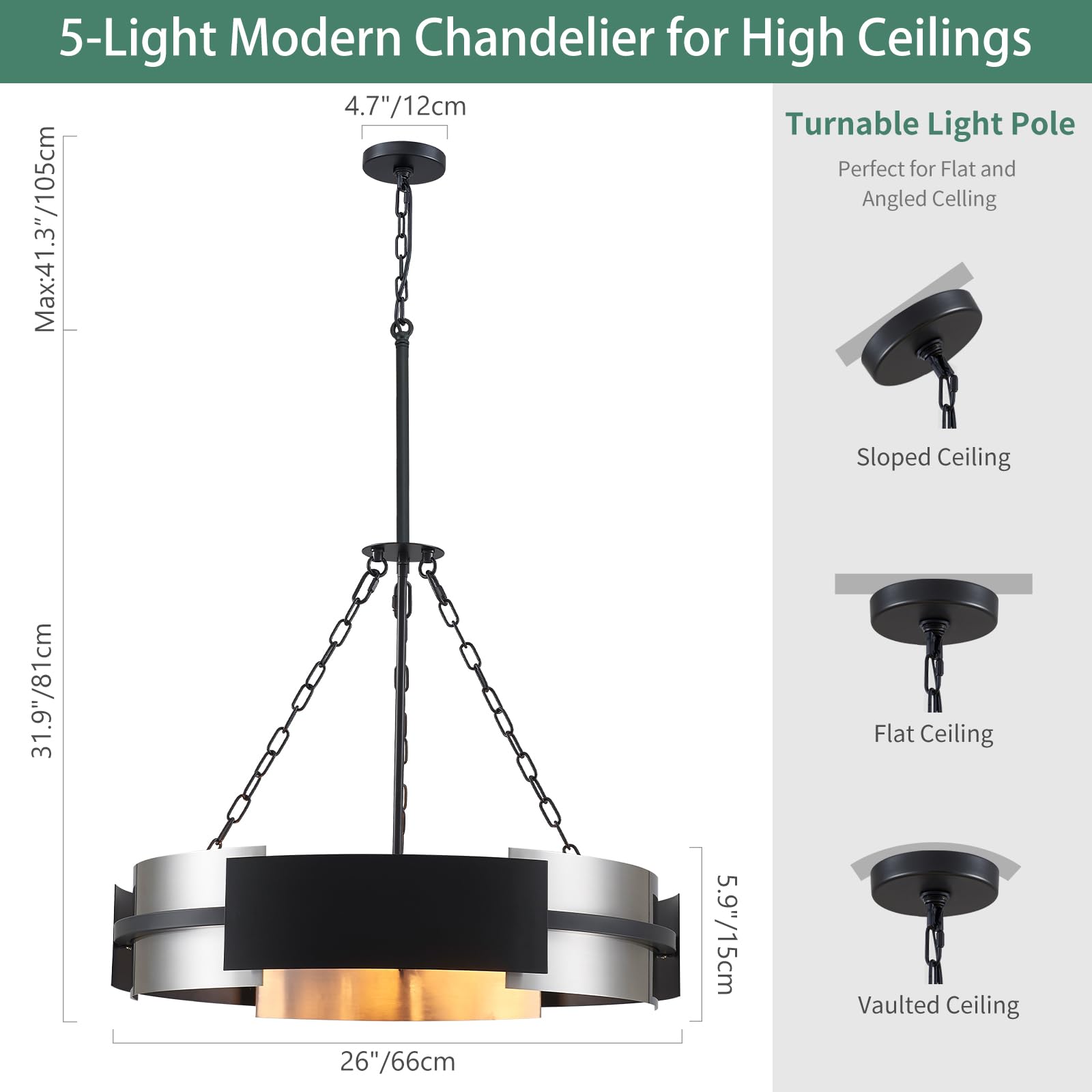 Modern Chandelier 26-Inch Industrial Light Fixture Height Adjustable Large Drum Pendant Lighting for Dining Room, Kitchen Island, Living Room, Office with Nickel and Black Finish, 5-Light