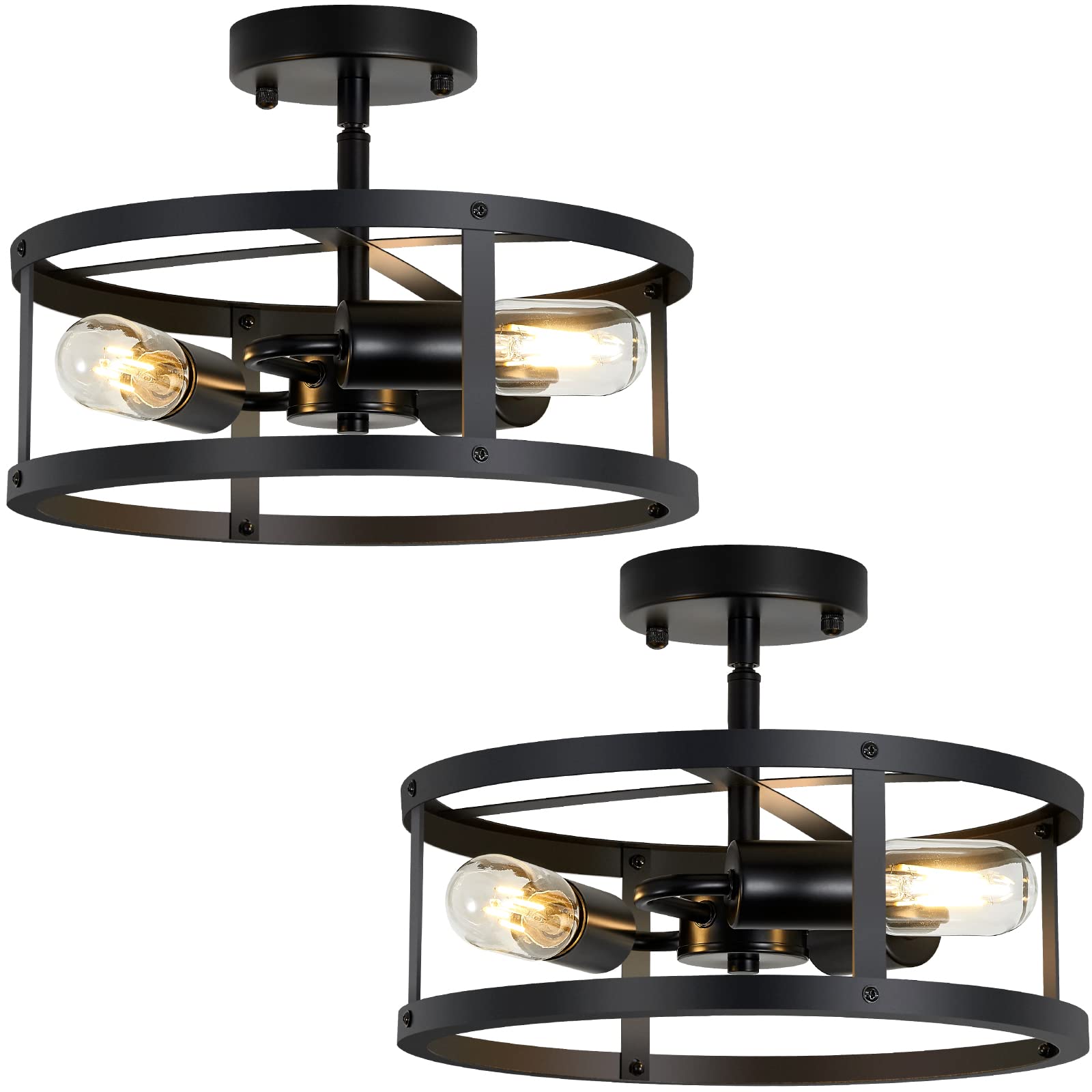 3-Light Semi Flush Mount Ceiling Light,Farmhouse Flush Mount Light Fixture,Industrial Ceiling Light Black Metal Cage Ceiling Lighting for Kitchen Foyer Hallway Entryway 2 Pack