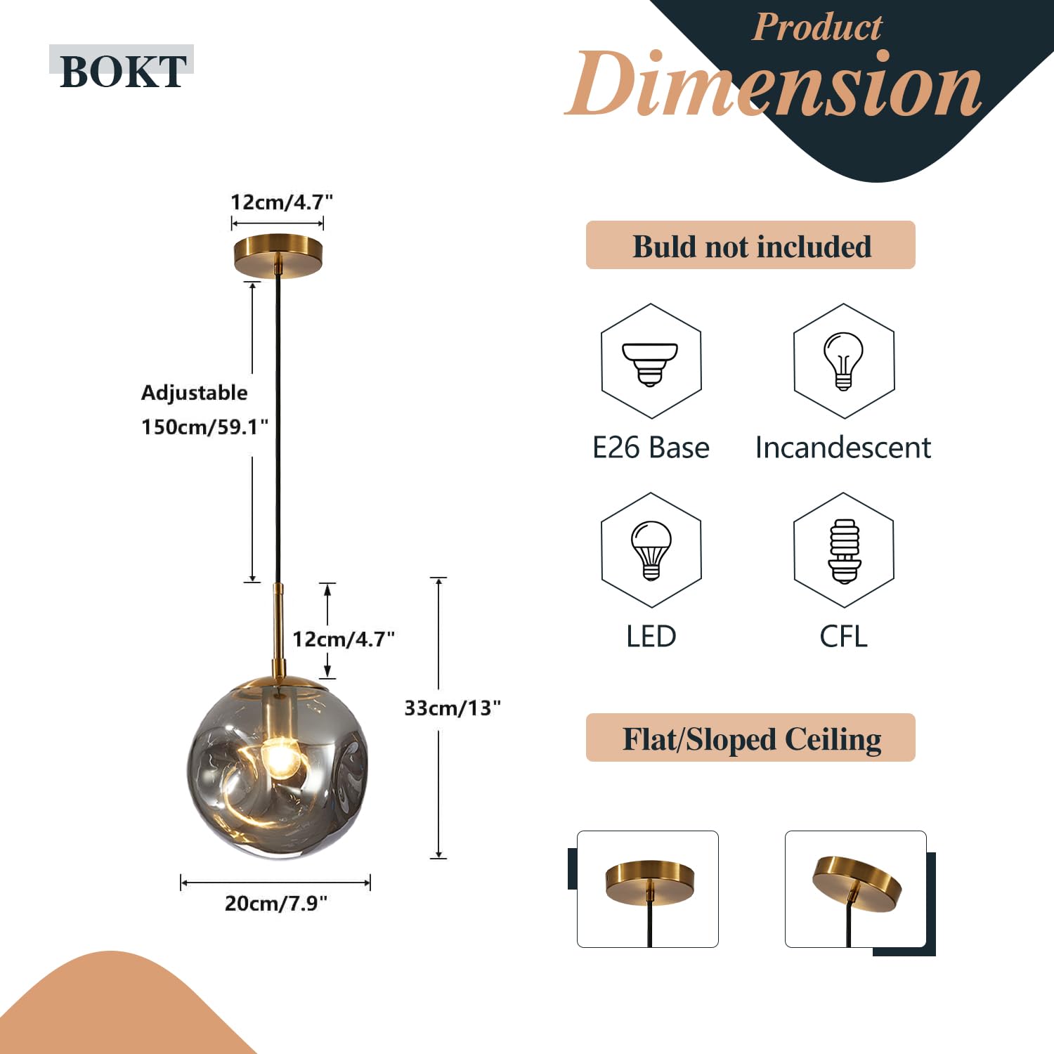 BOKT Modern Gold Kitchen Island Pendant Light Mid Century 3-Lights Globe Pendant Light Fixture Cluster Multi Light Pendant Lighting Bedside Glass Ball Pendant Lamp