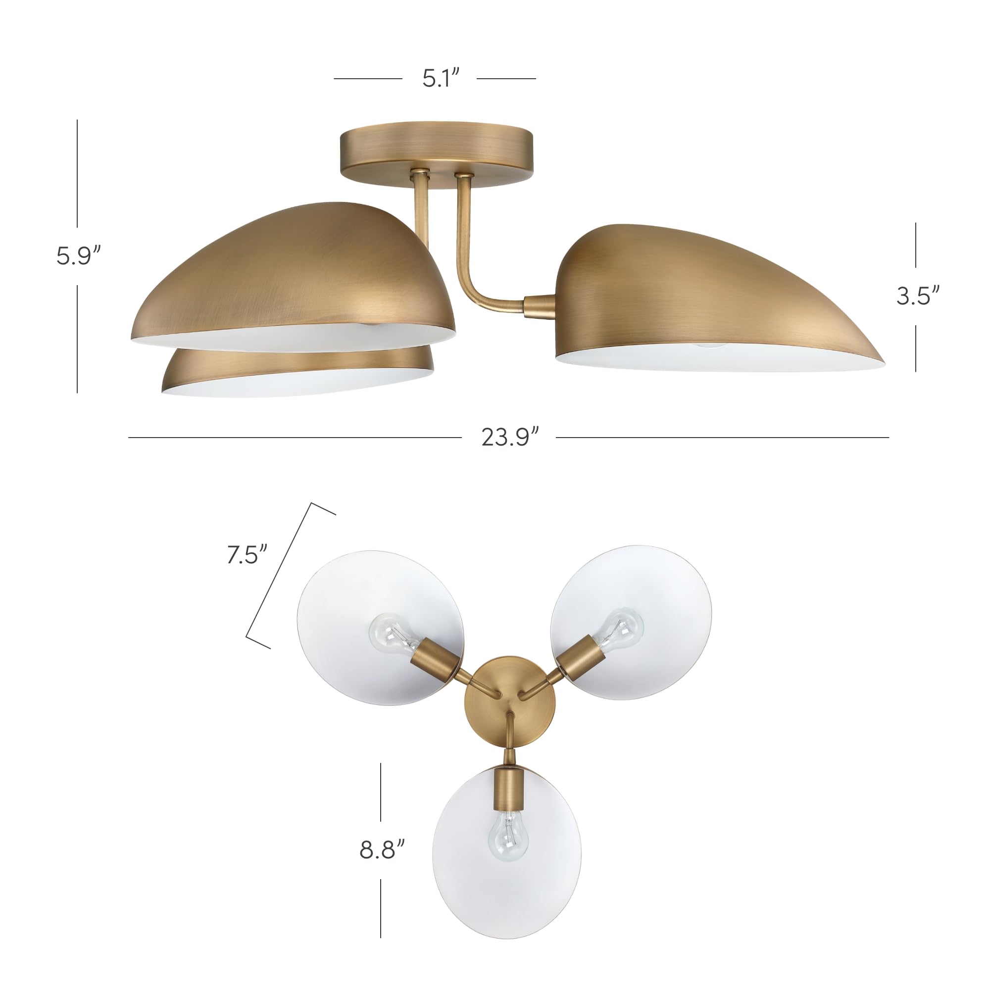 Semi Mount Flush Ceiling Light, 3-Lights Modern Retro Lighting with White Rounded Shades for Hallway, Dining Room and Bedroom, Brass Gold/White