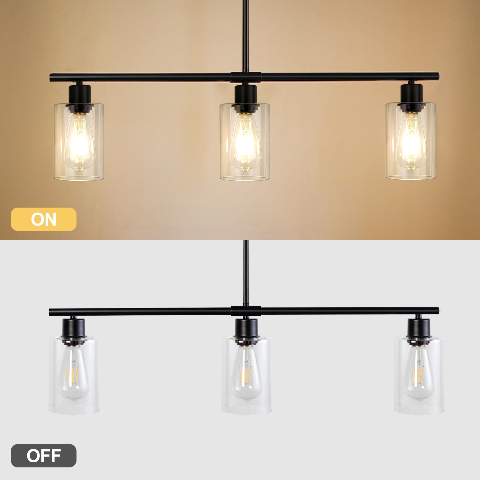 Kitchen Island Lighting, 3-Light Height Adjustable Farmhouse Chandeliers for Dining Room Light Fixture with Glass Shades, Kitchen Pendant Lighting Over Island, Black and Gold Chandelier