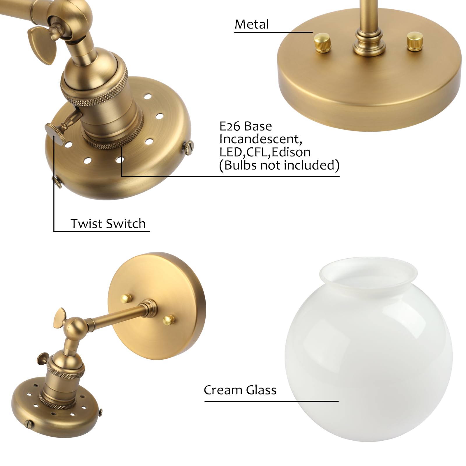 Industrial Wall Sconce with White Globe, Brass Bathroom Vanity Light with On Off Switch, Vintage Wall Light Fixtures for Living Room Loft Hallway