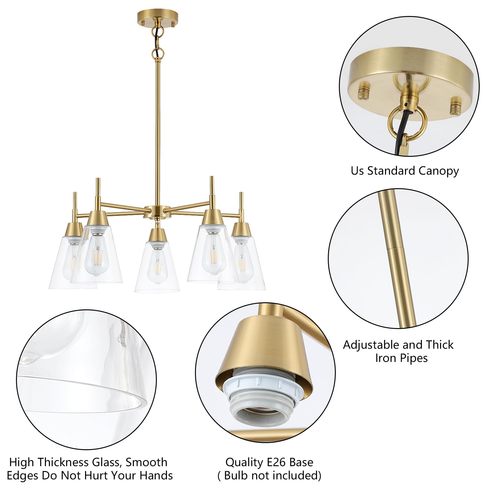 5-Light Gold Chandeliers for Dining Room,Modern Brass Chandelier Kitchen Island Light Fixtures Over Table,Pendant Ceiling Hanging Lighting with Clear Glass Shade for Entryway Foyer Hallway