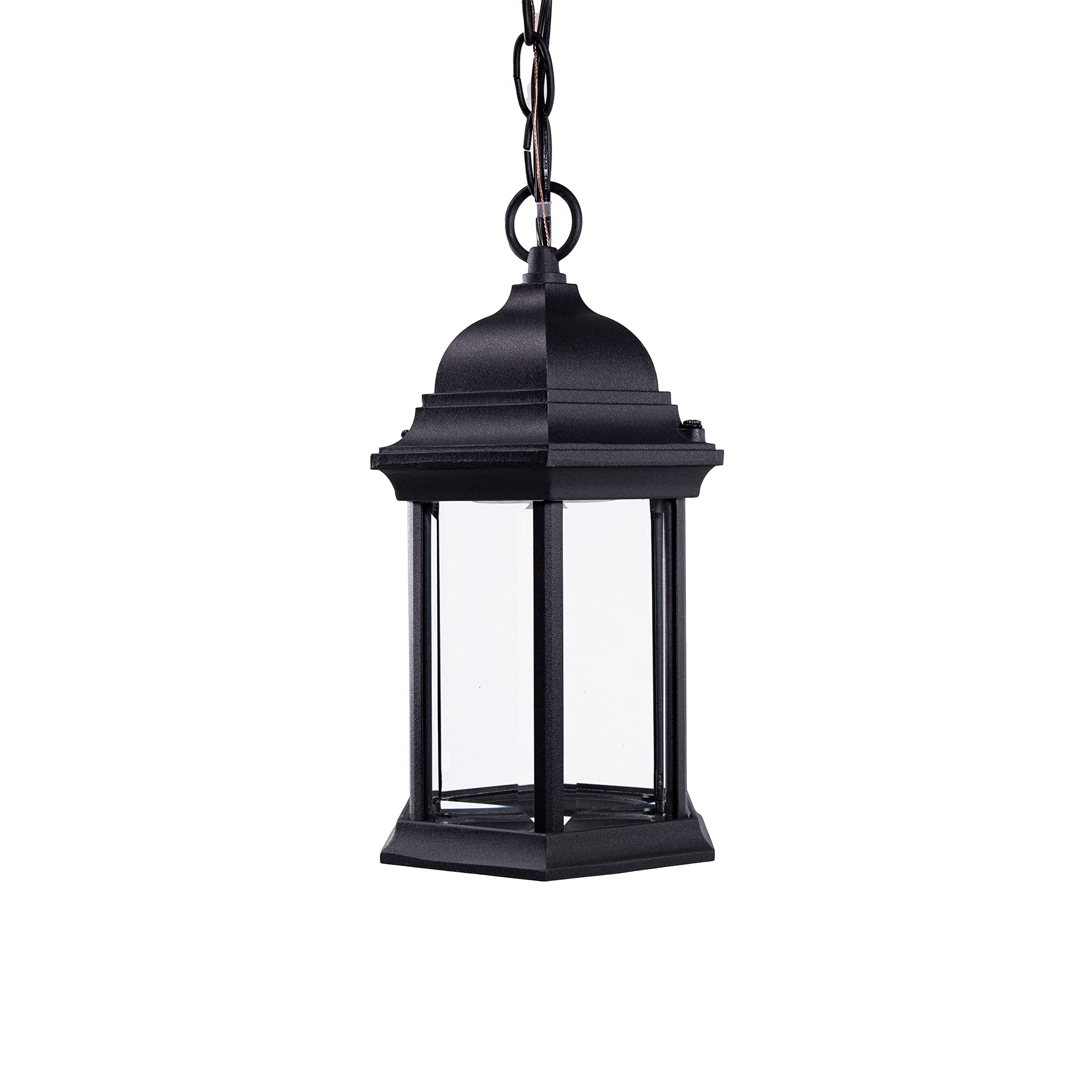 Small Straight Hex Pendant Mount LED Lantern for Porch, Patio, Deck, Damp Location, Built in LED Gives 75W of Light from 9.5W of Power, Durable Cast Aluminum with Black Finish & Clear Glass