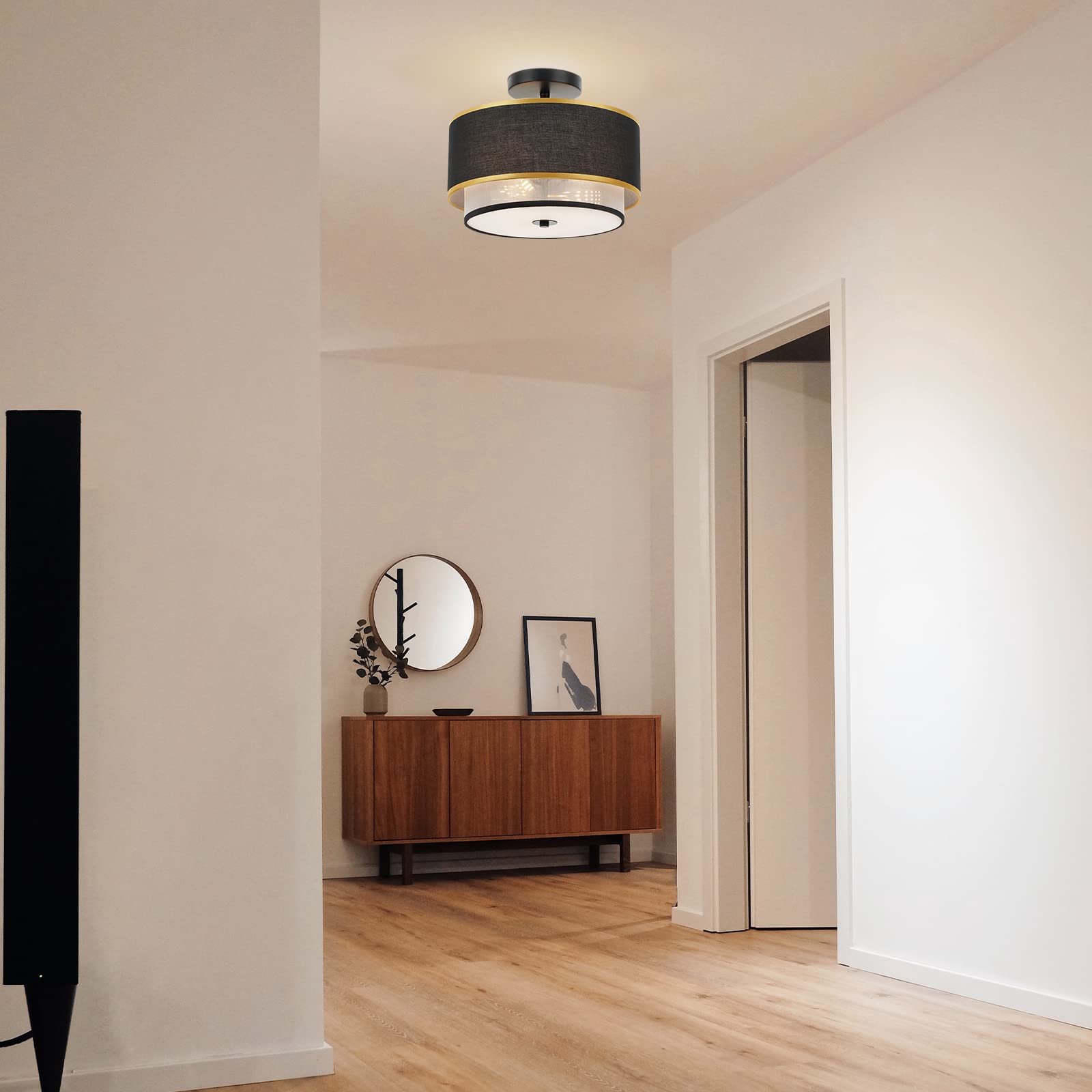 Modern Semi Flush Mount Ceiling Light - Easric Light Fixtures Ceiling Mount Hallway Light Fixtures Ceiling with Black 2-Layer Fabric Shade Drum Ceiling Lights for Bedroom,Dining Room,Kitchen,Foyer