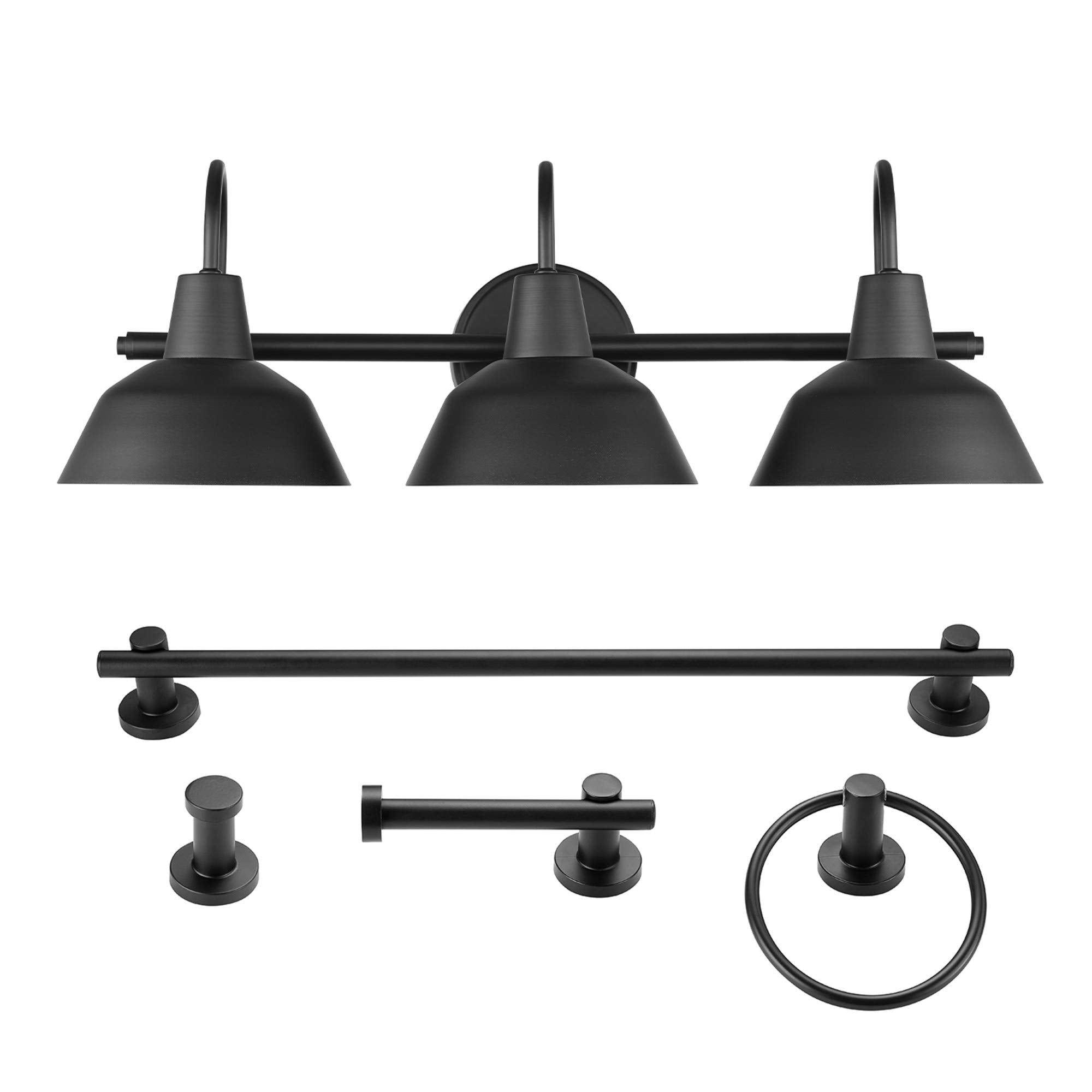 Globe Electric 51710 Bathroom Accessory Set, Matte Black, 3-Light Vanity Light, Towel Bar, Towel Ring, Robe Hook, Toilet Paper Holder, Bathroom Lights Over Mirror, Home Décor, Brooklyn, 5-Piece