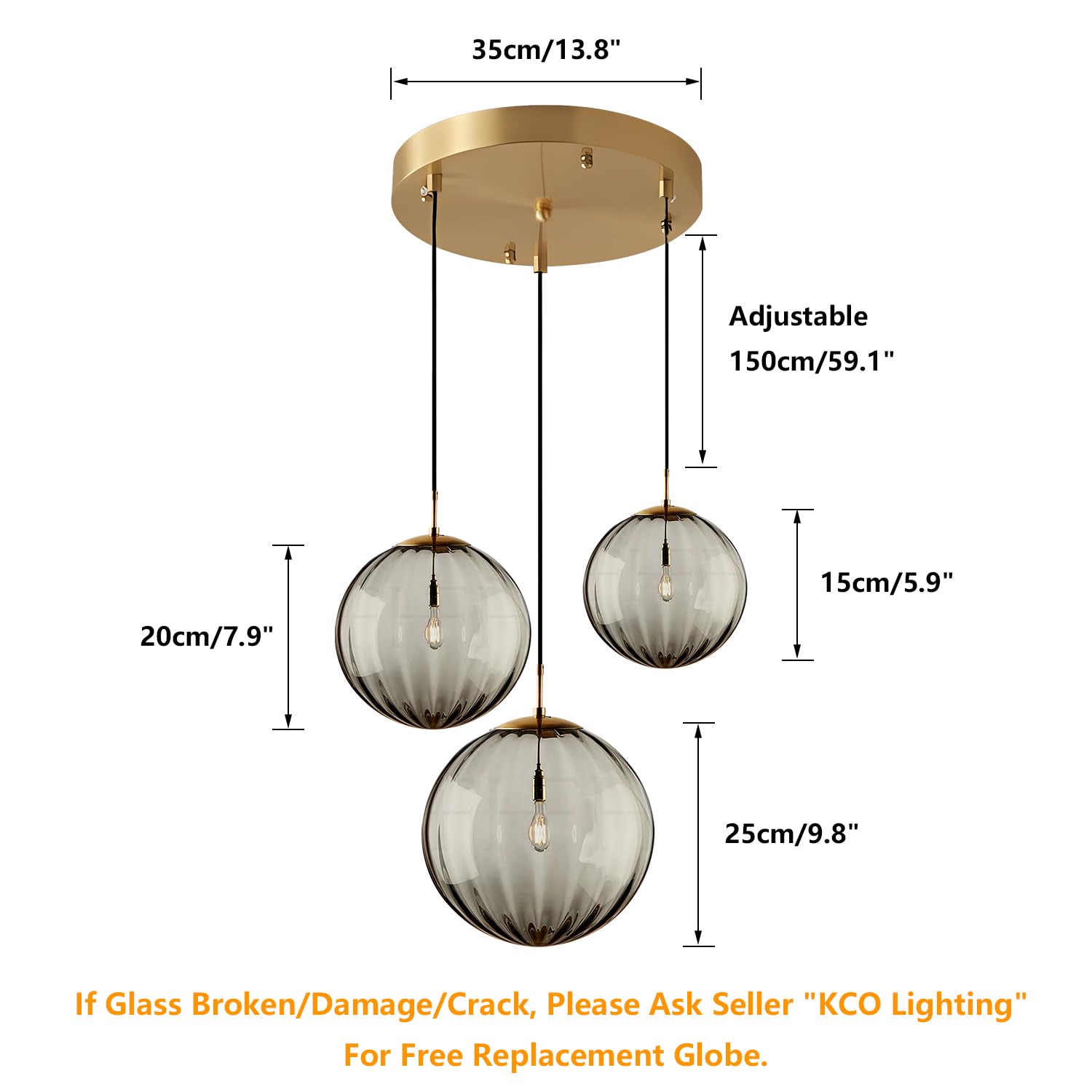 KCO Lighting Modern Gold 3 Light Hanging Pendant Light Large Smoke Glass Globe Cluster Chandelier Brush Brass Kitchen Island Light Fixture Nordic Multi Light Pendant Lighting