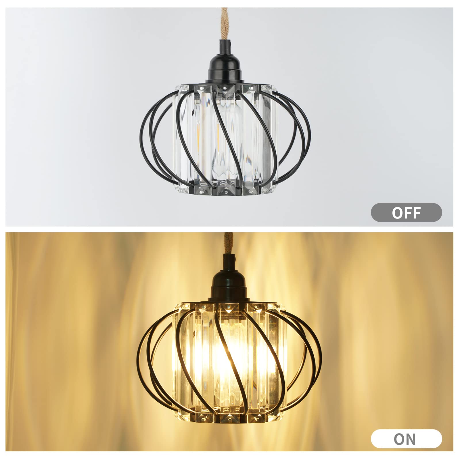 Crystal Plug in Pendant Light - Farmhouse Hanging Lights with Plug in Cord 16.4ft Hemp Rope Hanging Light Fixtures with On/Off Switch Industrial Hanging Lamp for Living Room Bedroom Kitchen Island