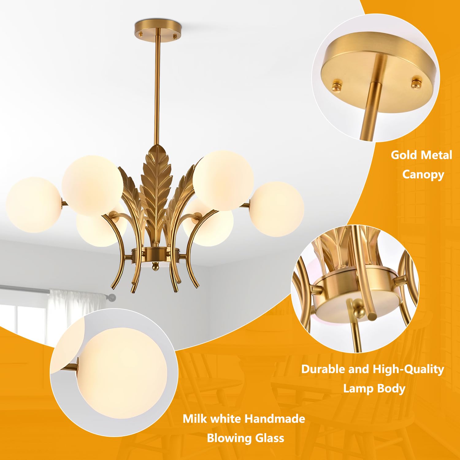 BOKT Mid Century Milk Glass Chandelier Gold G9 Ceiling Chandelier Light Industrial Metal Adjustable Pendant Lighting Farmhouse Large Globe Flush Mount Light Fixture for Dining Room Kitchen Indoor