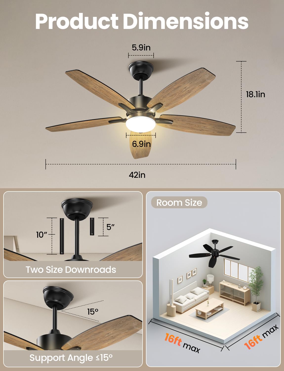 42 Inch Farmhouse Ceiling Fan with Light, Small Modern Black Ceiling Fan with Light and Remote, 5 Blades Indoor/Outdoor Bedroom Fan Light with 3CCT,6 Speeds Ceiling Fan for Patios,Living Room