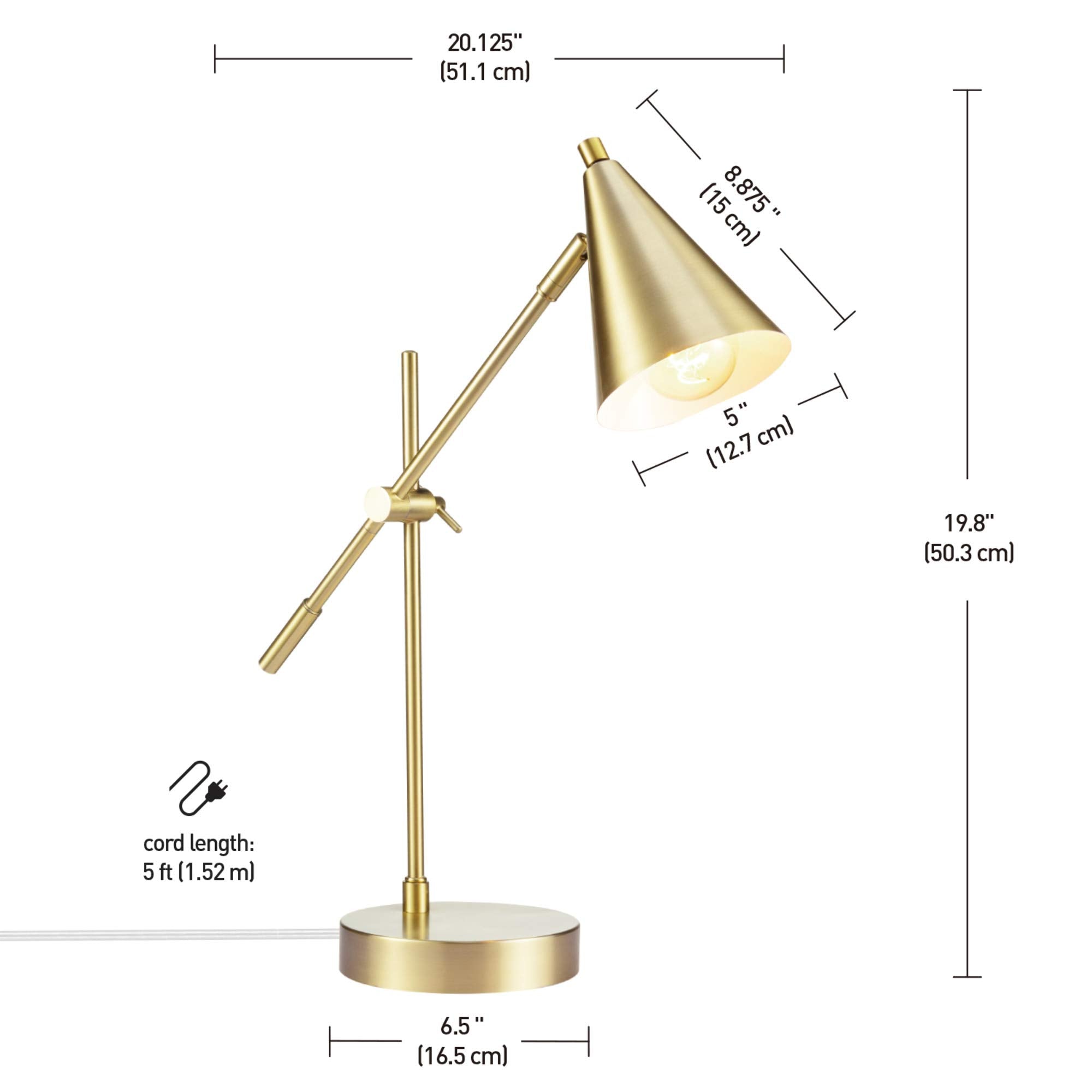 20" Desk/Table Lamp, Matte Brass Finish, Adjustable Height, Balance Arm, in-Line Rocker On/Off Switch