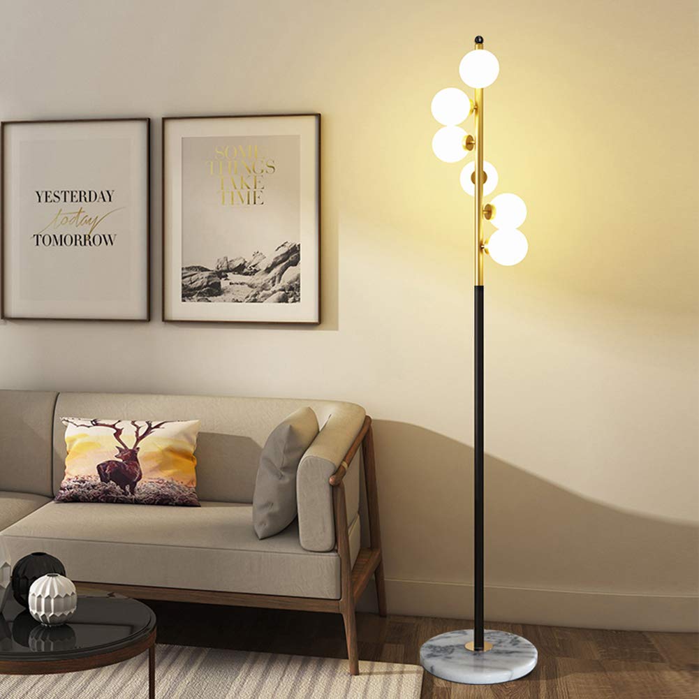 White Glass Shade and Marble Base Elegant Modern Creative Floor Lamp for Living Room,Bedroom,Office,6 Lights