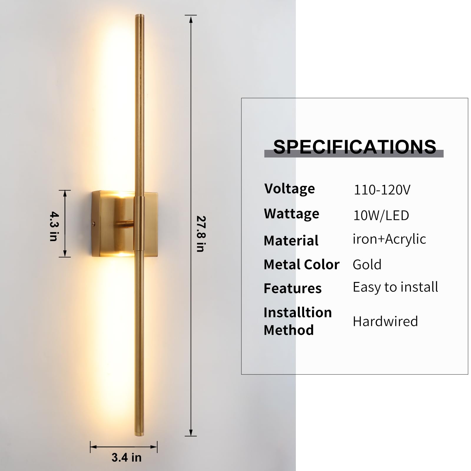 Brushed Gold LED Wall Sconces Set of 2 with Warm White Light