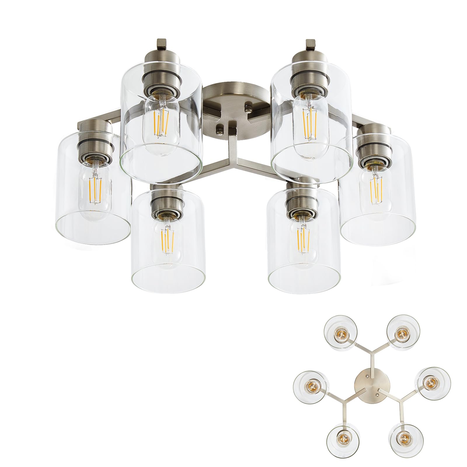 6 Light Semi Flush Mount Ceiling Light, Kitchen Lighting Fixtures Ceiling, Industrial Black Ceiling Light Fixtures with Clear Glass Shade for Hallway, Foyer, Farmhouse, Bedroom, Living Room