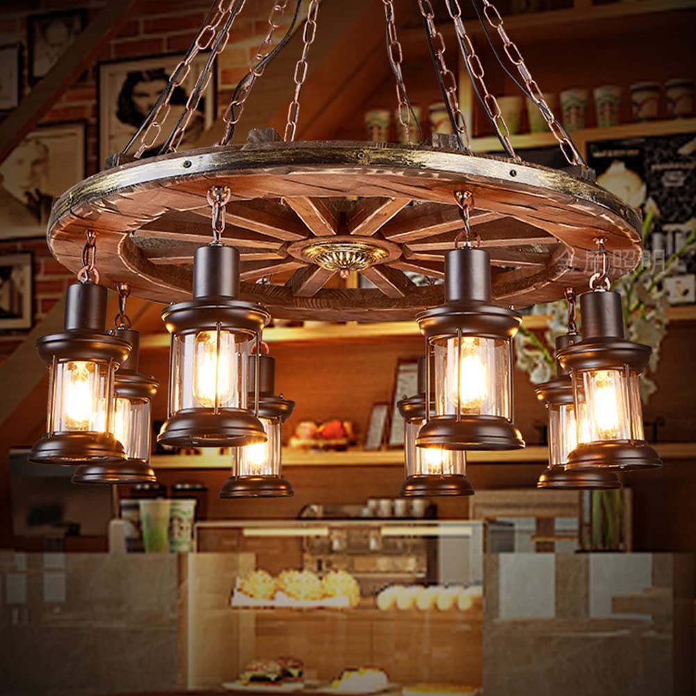 8 Lights Industrial Retro Wooden Chandelier Pendant Light Island Hanging Ceiling Fixture Vintage Farmhouse Wood Light Adjustable Chain for Home Cafe Bar Restaurant (39.4")