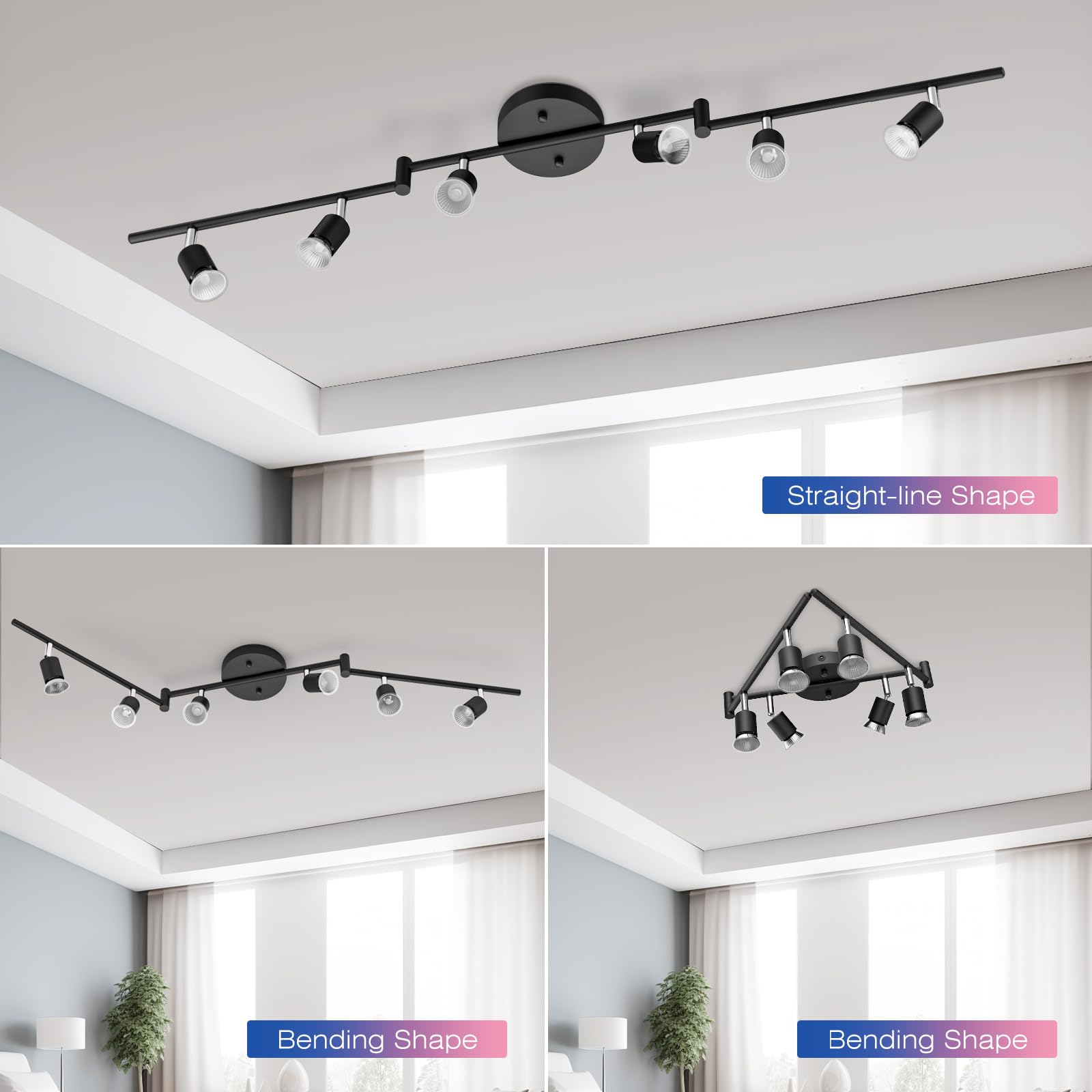 6-Light LED Track Lighting Kit, Ceiling Spotlight with Flexibly Rotatable Light Head, Modern Track Lighting fixtures for Kitchen, Bedroom, Living Room (GU10, Bulbs Not Included)