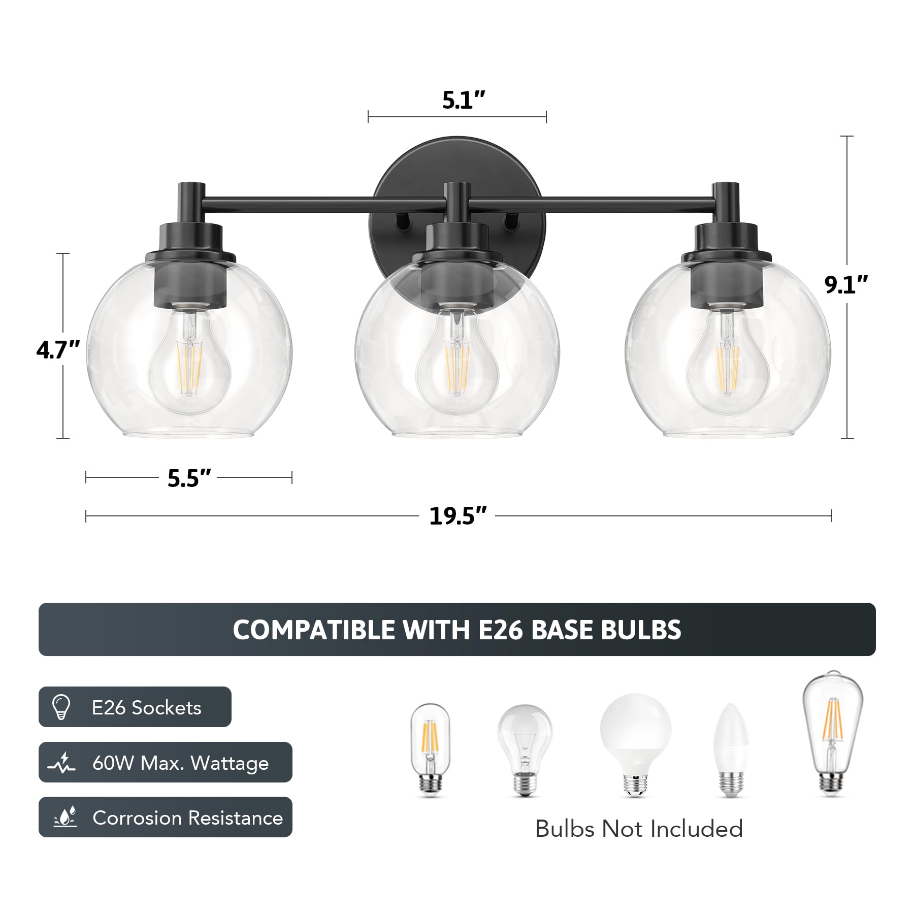 Bathroom Light Fixtures, 2-Light Bathroom Vanity Light with Globe Glass Shades E26 Sockets, Bathroom Lights Over Mirror for Bedroom Hallway Living Room, Gold Finish