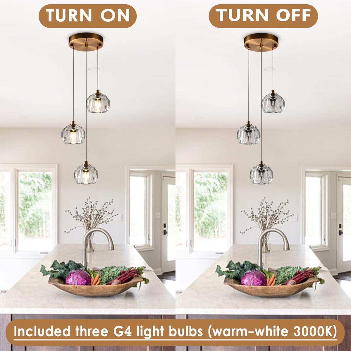 3-Light Cut Pendant Light Fixtures, 9W Brass Ceiling Pendant Lighting, Clear Prism Crystal Hanging Lamps LED Lights for Kitchen Island Dining Room