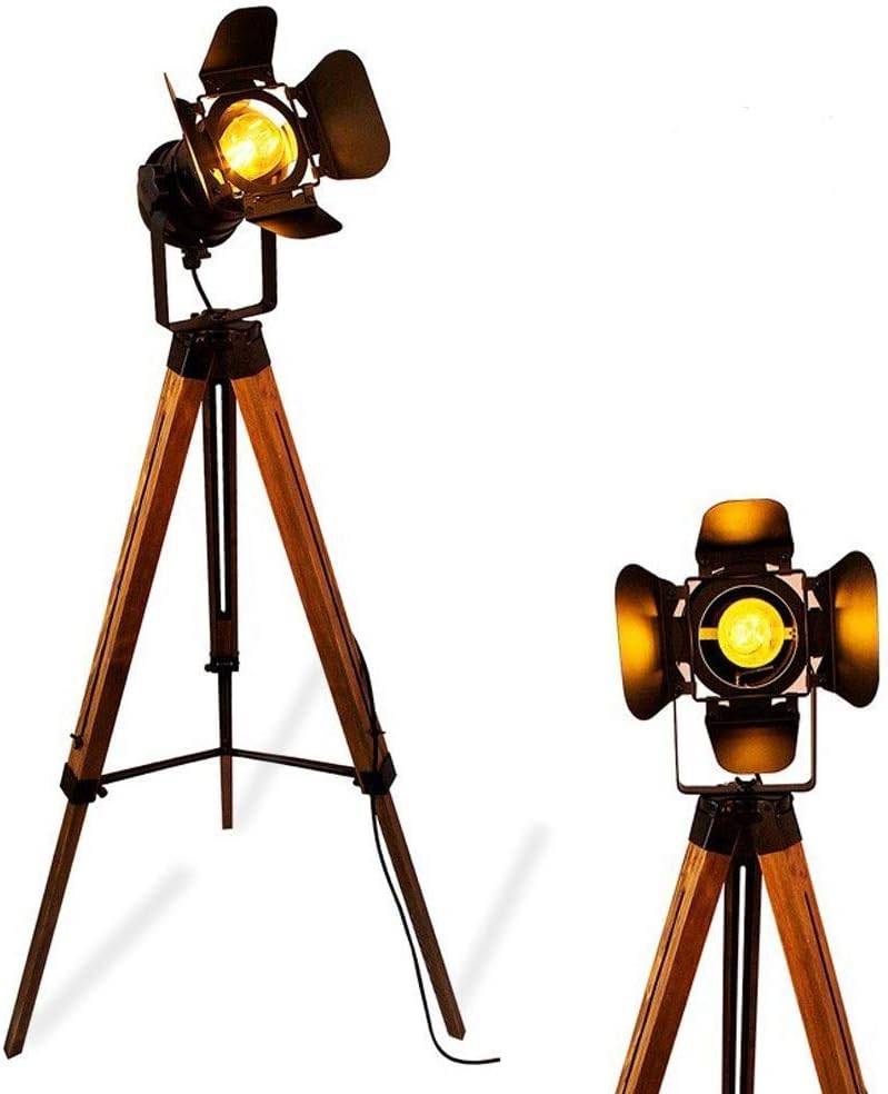 Vintage Black Wood Tripod Floor Lamp for Living Room, Modern Industrial Metal Nautical Cinema e26 Standing Corner Searchlight - Rustic Reading Adjustable Desk Table Light for Bedroom Office