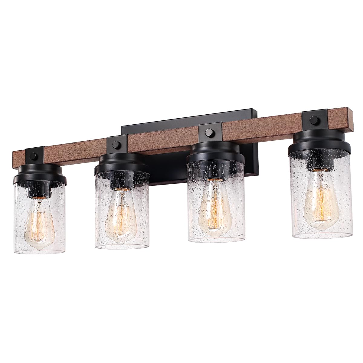 2-Light Farmhouse Vanity Lights for Bathroom, Rustic Bathroom Light Fixtures with Pretty Glass Shade, Black Industrial Wood Grain Wall Sconce for Bathroom Hallway Bedroom