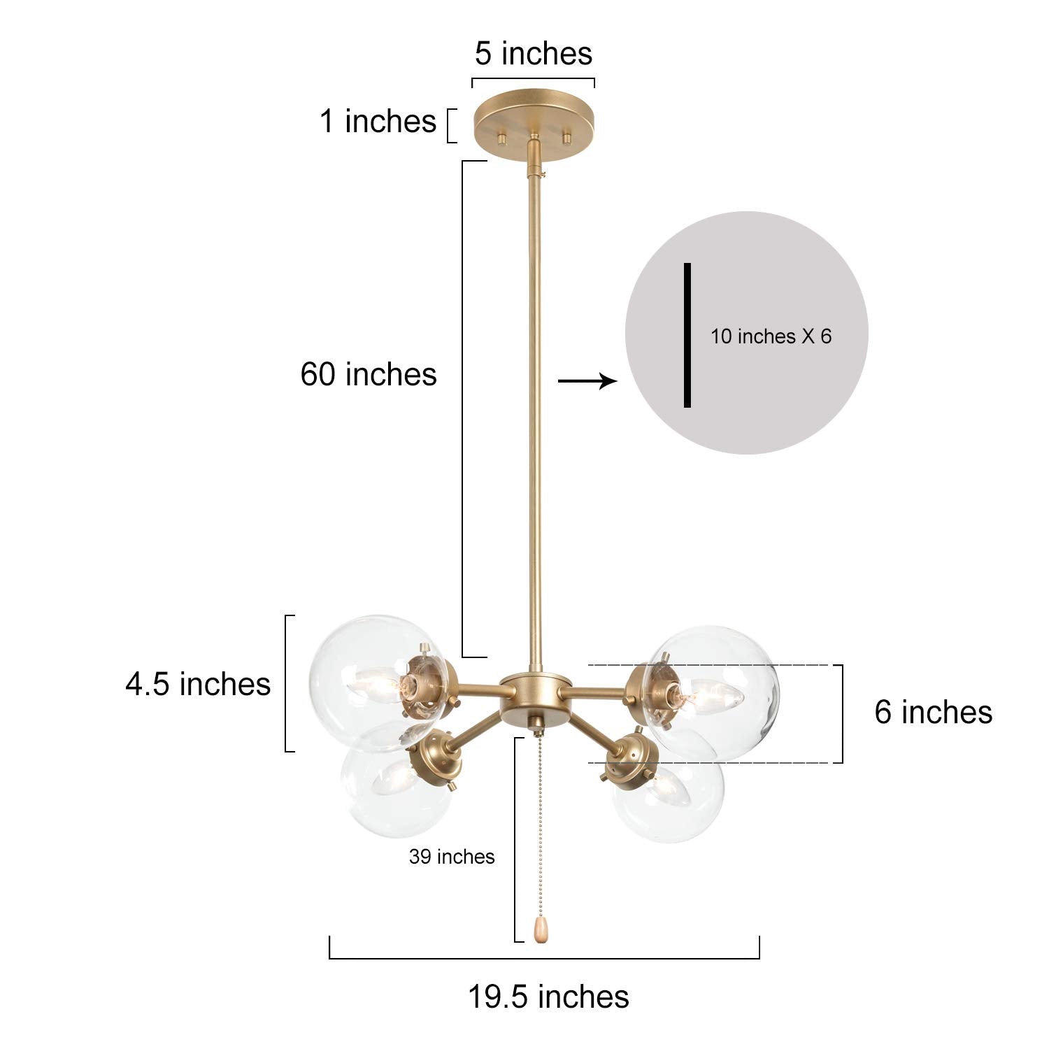 Gold Globe Chandelier with On/Off Switch Pull Chain, 4-Light Modern Gold Semi Flush Mount Ceiling Light with Clear Globe Glass Shades for Dining Room & Kitchen, Soft Gold, 19.5’’ Dia