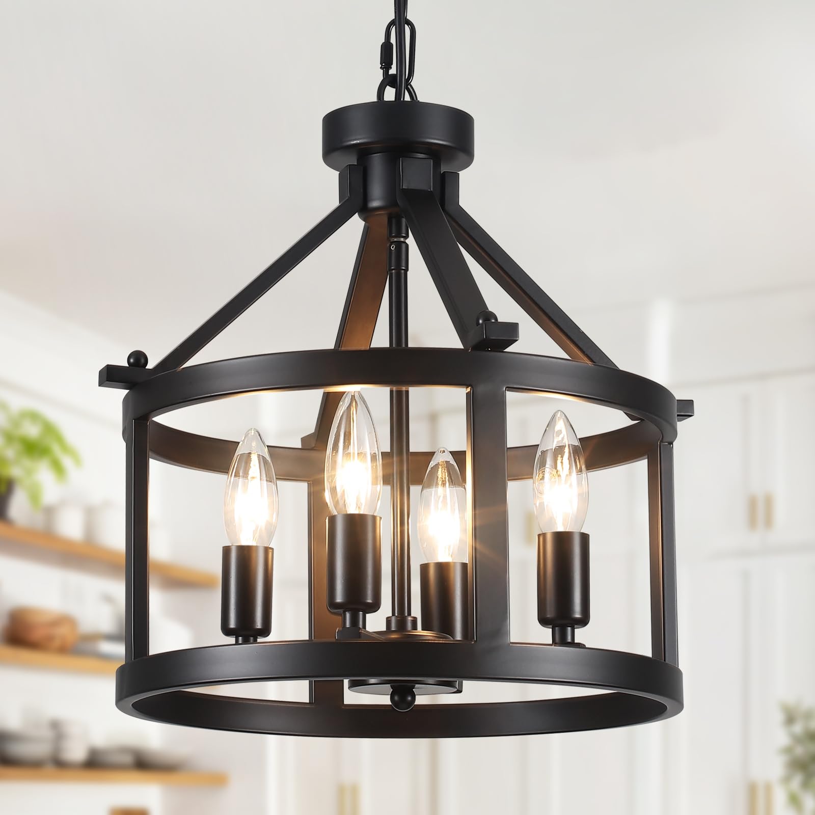 Black Cage Farmhouse Chandelier,Modern Foyer Light Fixture, Adjustable Height Industrial Chandeliers Pendant Light for Kitchen Island,Entryway-4 Light