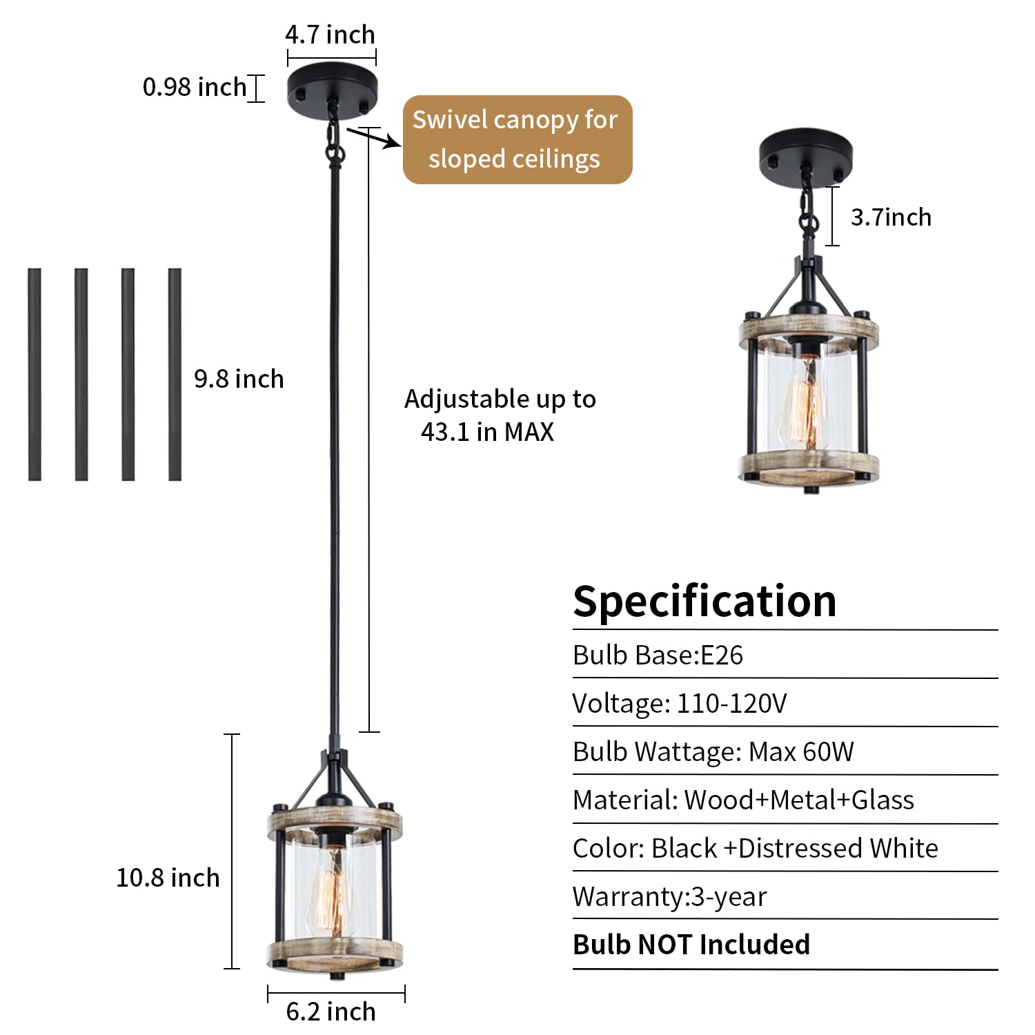 Farmhouse Pendant Light in Wood and Metal Cage, Rustic Brown Wood Pendant Light with Glass, Adjustable Hanging Light Fixtures, Mini Pendant Lighting for Kitchen Island, Hallway, Foyer, 1 Pack