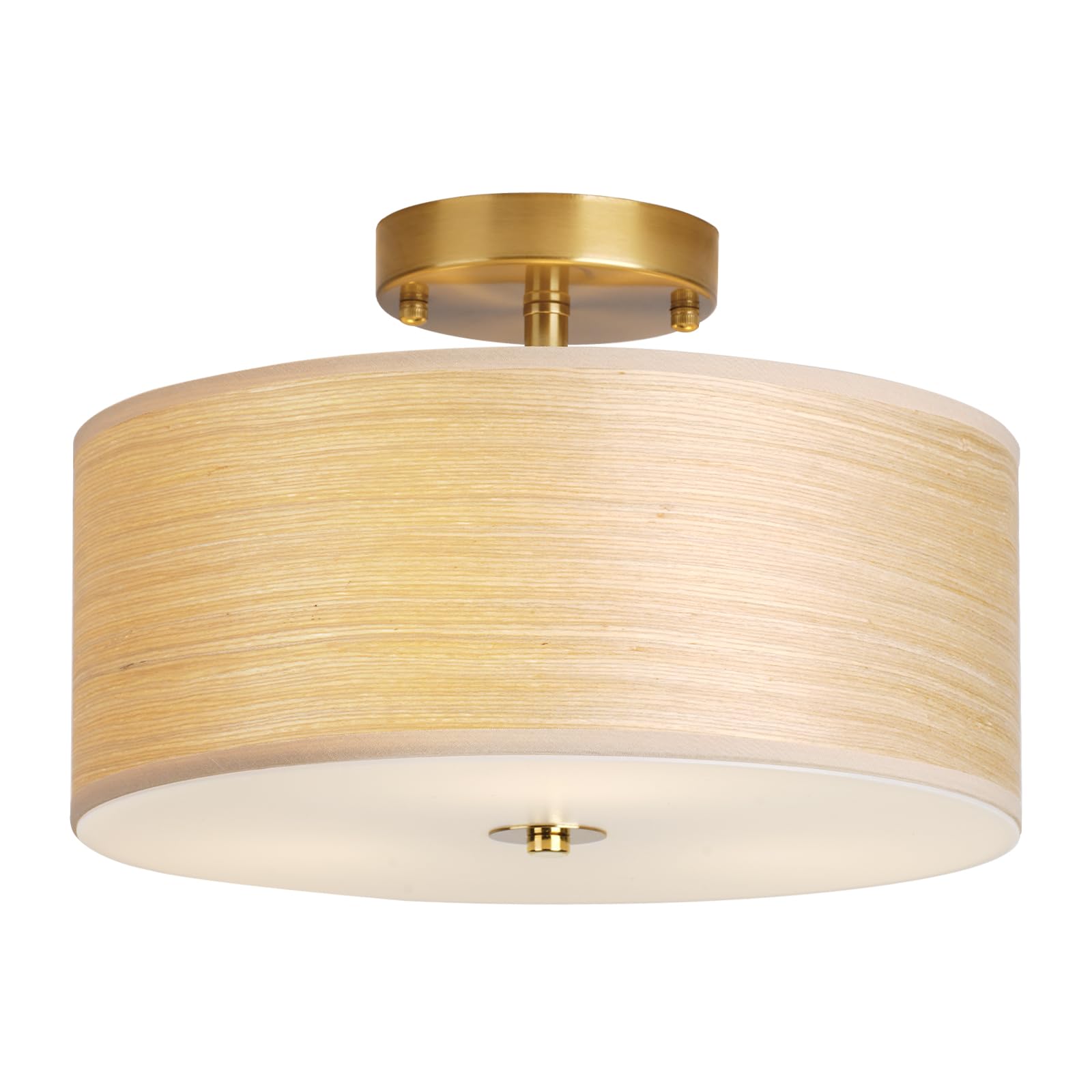 Gold Drum Ceiling Light Fixture, 13" Semi Flush Mount with Natural Wood Shade, Modern Farmhouse Close to Ceiling Lamp for Bedroom, Dining Room, Kitchen, Hallway, Entryway, Foyer